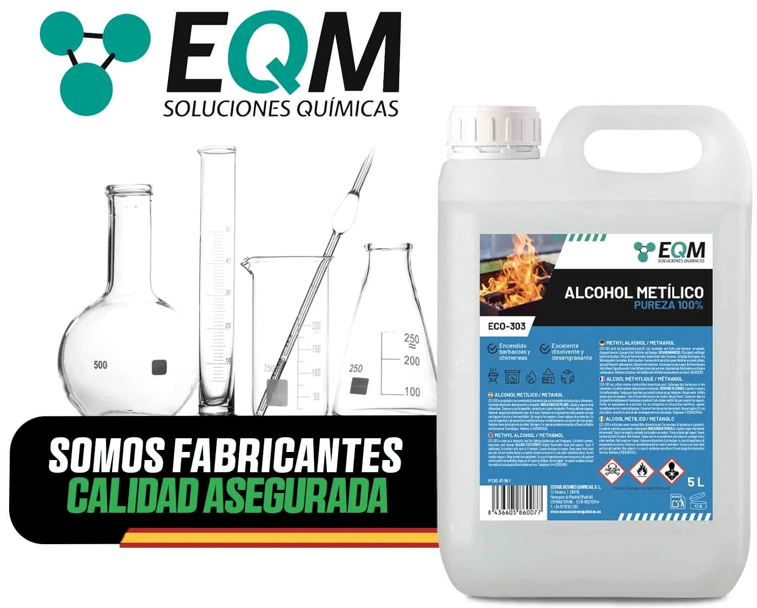 EQM - ECO-303 - Alcohol Metílico 99% Pureza - Metanol - 5L - Combustible de chimeneas y barbacoas - Disolvente industrial, desengrasante y limpiador de superficies