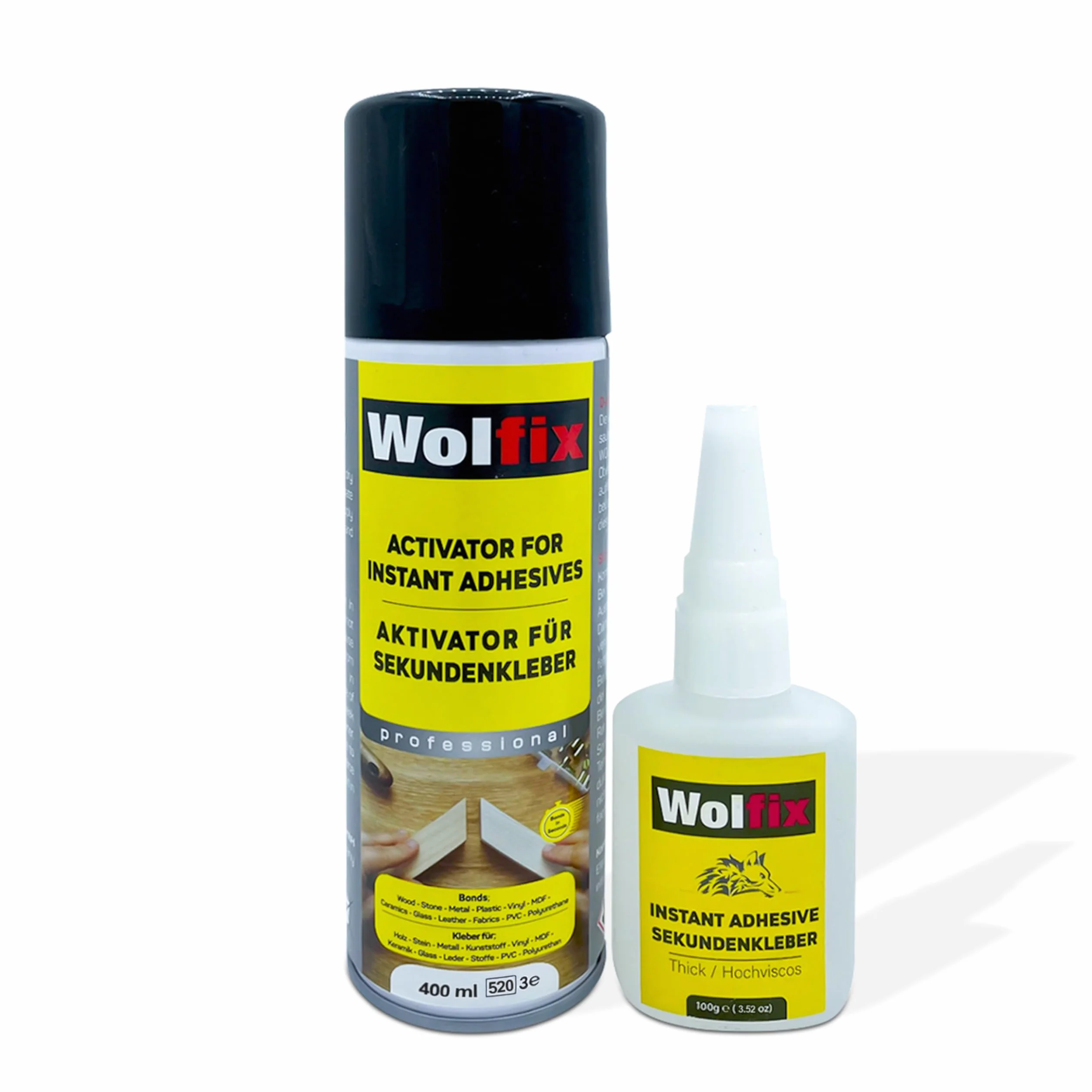 Wolfix Pegamento instantáneo 100 g con activador 400 ml spray para reparaciones universales con alta fuerza de adhesión universal cianoacrilato, juego de pegamento extra fuerte profesional