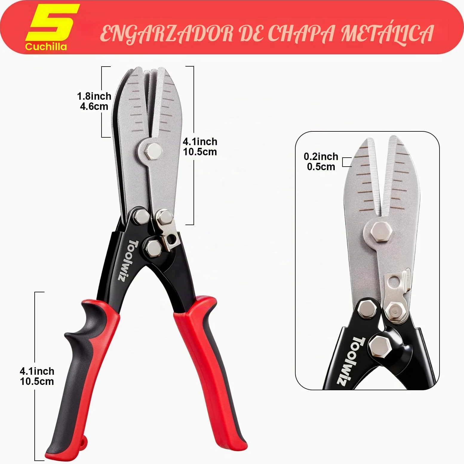 Toolwiz Herramientas de chapa metálica de 5 cuchillas, herramienta de crimpado de conductos para bajante de calibre 24-26, tubo de estufa, acero inoxidable, sistemas de conductos de ventilación,
