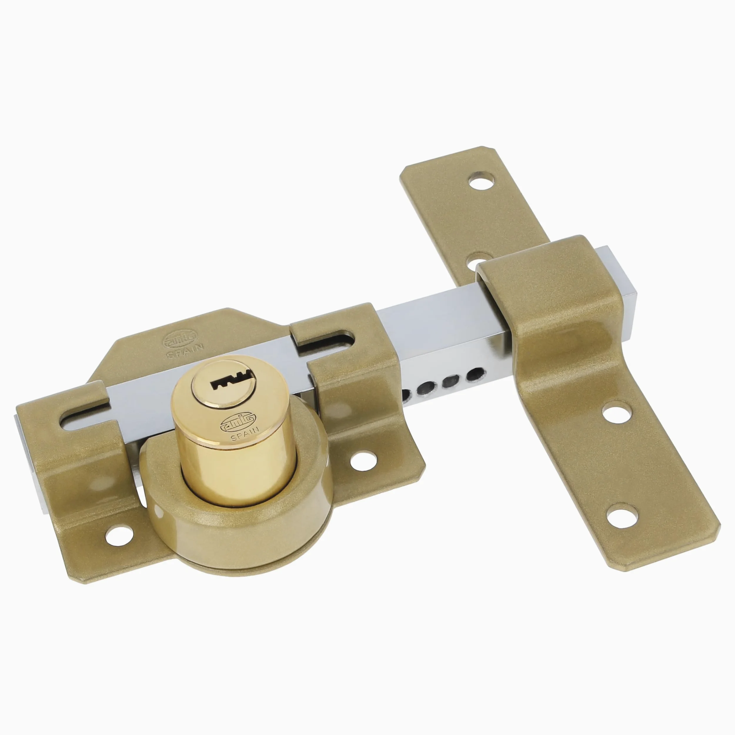 Amig - Cerrojo para Puerta - 88 x 153 mm - Con Cilindro Redondo de Seguridad - Cilindro Interior de 34 mm - Incluye 5 Llaves de Punto - Acero Acabado Martelé