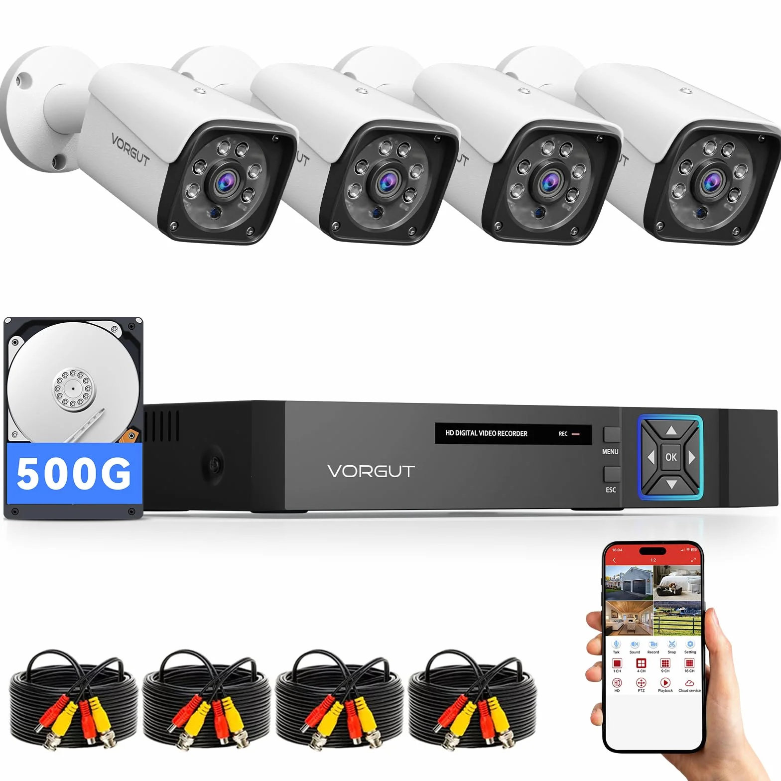 Sistema de cámara de seguridad con cable para exteriores, 4 canales, 5 MP Lite AHD DVR con disco duro de 500 G, cámara CCTV con cable de 4 x 5 MP, kit DVR de vigilancia para interiores y