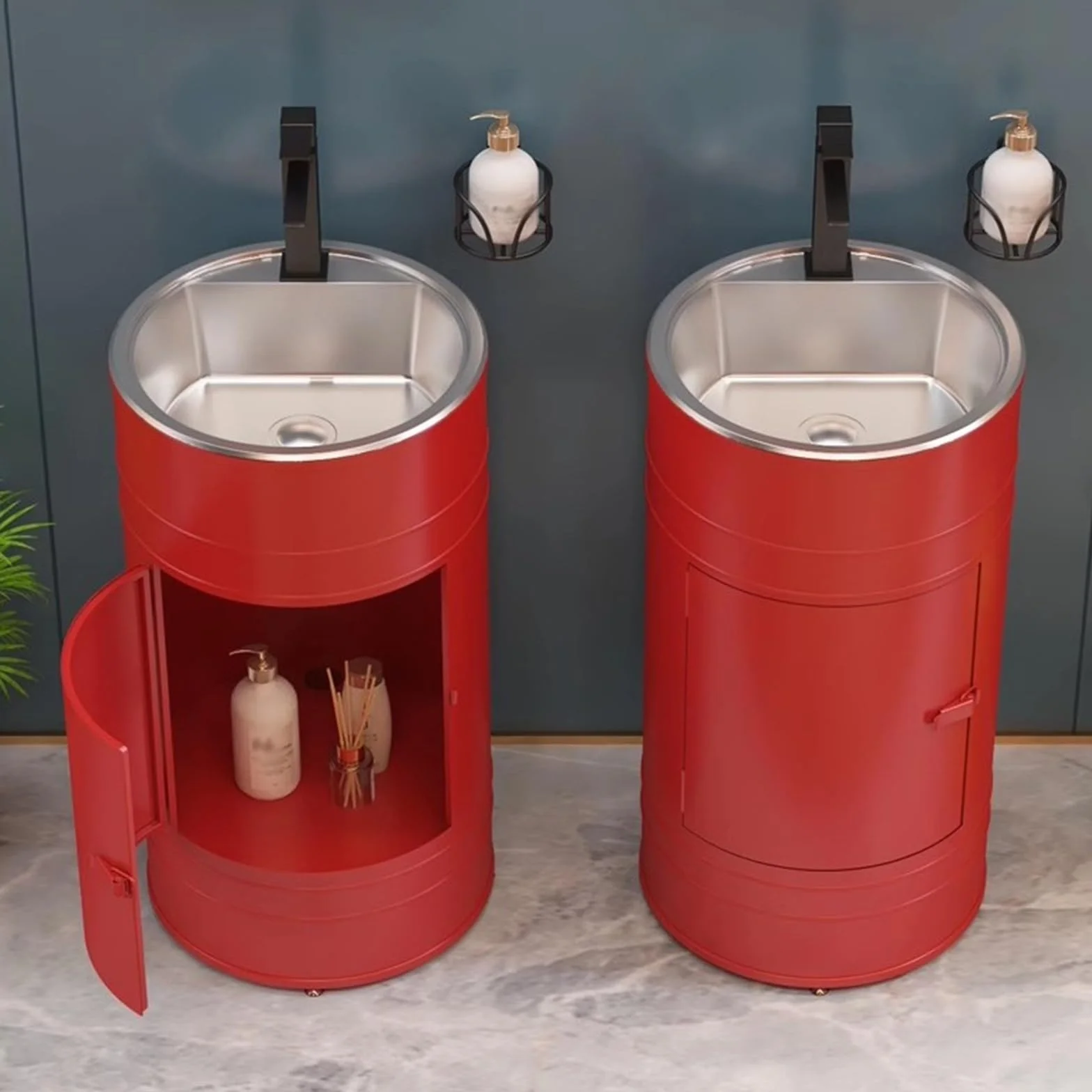 Fregadero de baño de columna redonda con fregadero de acero inoxidable, fregadero de baño independiente, fregadero de baño creativo de metal con grifo, kit de drenaje independiente (rojo, C)