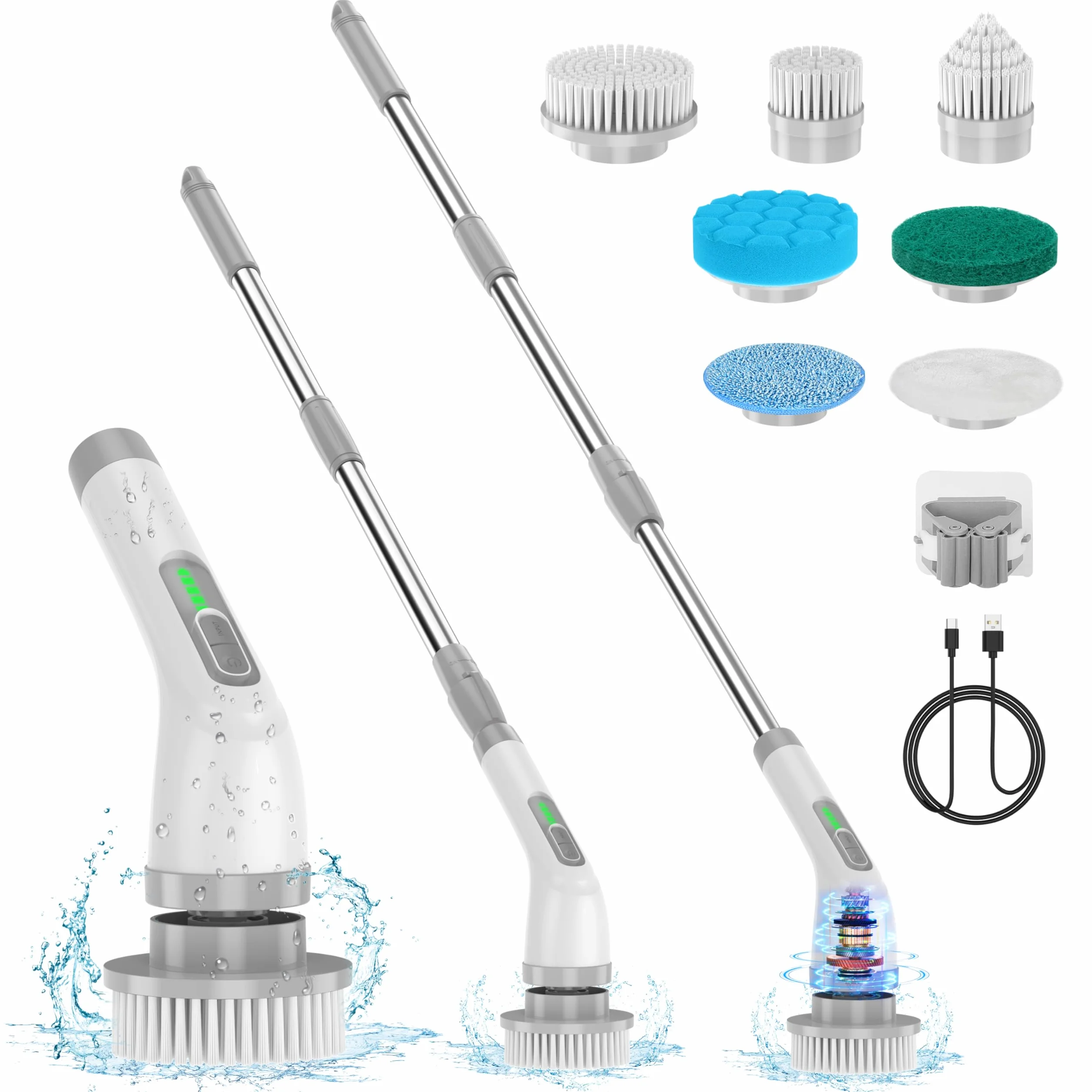 Lightswim Limpiador giratorio eléctrico, cepillo de limpieza 7 en 1, limpieza potente de 420 rpm, limpiador de baño de 1.5 horas de velocidad dual con brazo de extensión para cocina, coche, azulejos