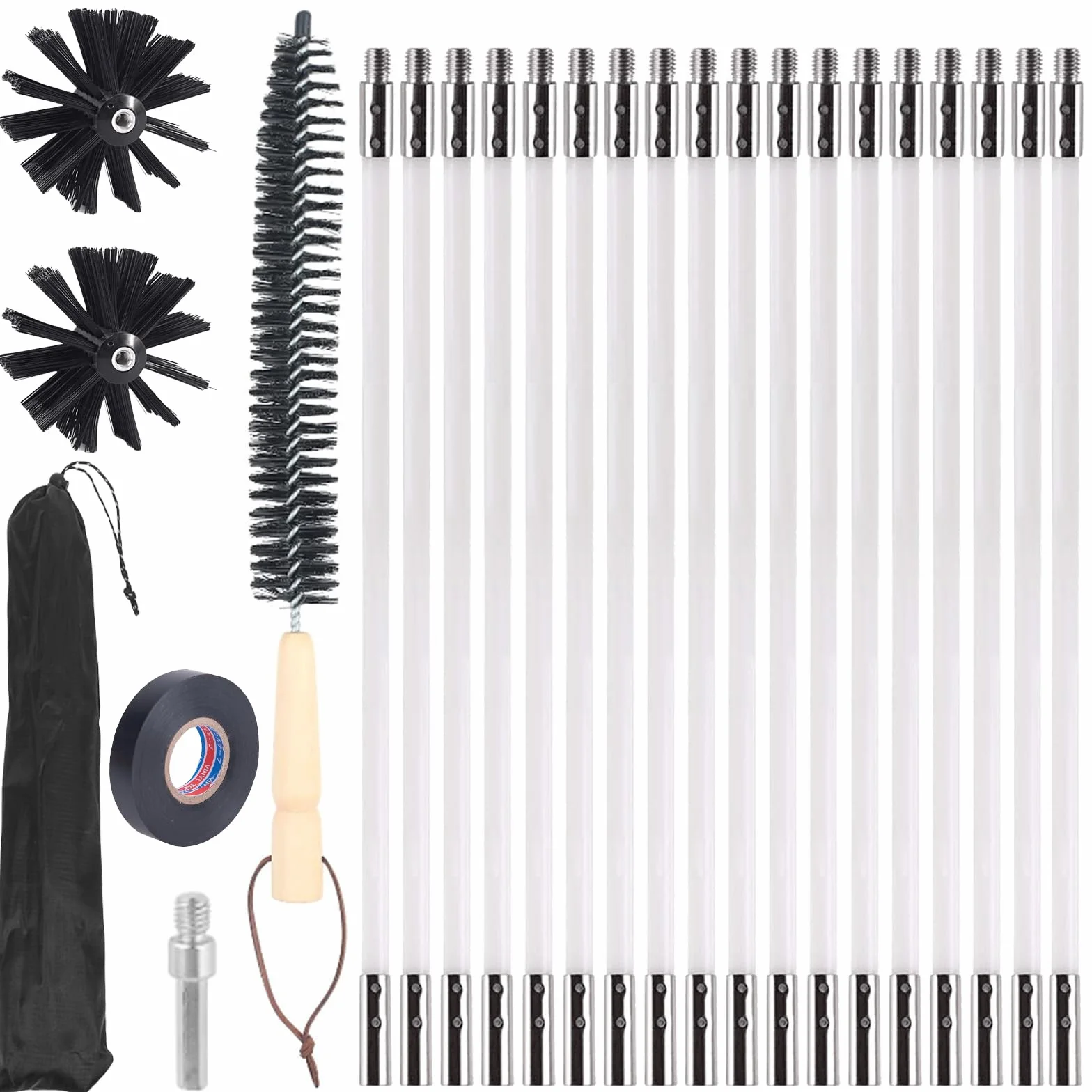 24 piezas de juego de varas para desholinador con 18 varas flexibles de 410 mm + 2 cabezales de cepillo, cepillo para tubos de chimenea, escobilla para desholinador, cepillo para chimenea, accesorio