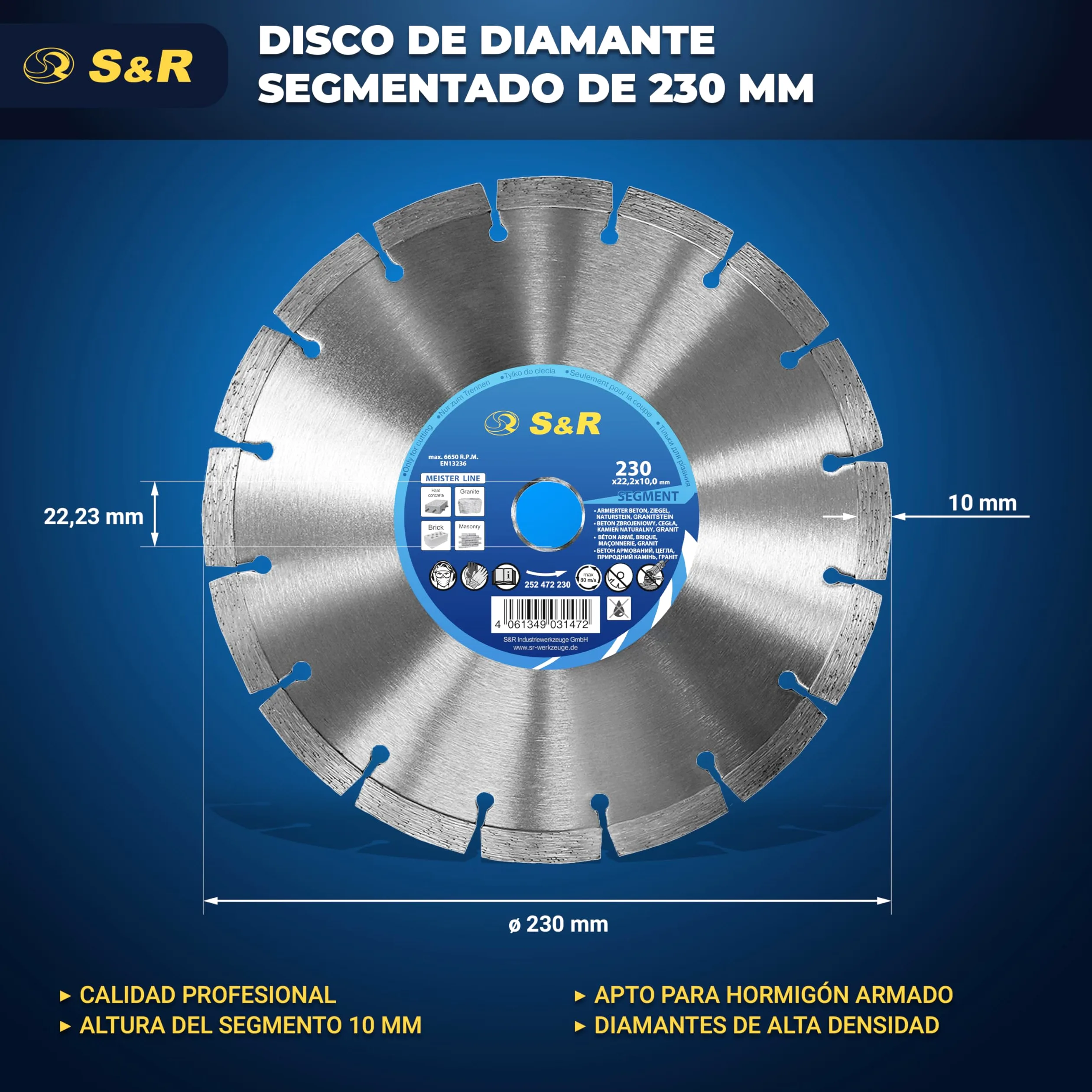 S&R Disco corte de Diamante 230 x 22,2 x 10 2,6 mm para Hormigón, Hormigón armado, Granito, Piedra natural, Ladrillo