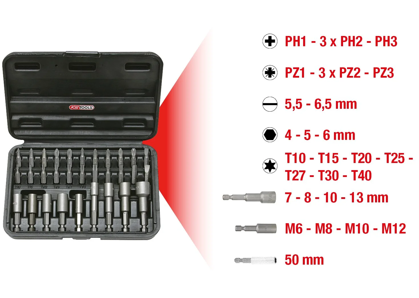 KS Tools 122.2100 Juego de atornilladores de punta de 1/4", 31 pzs