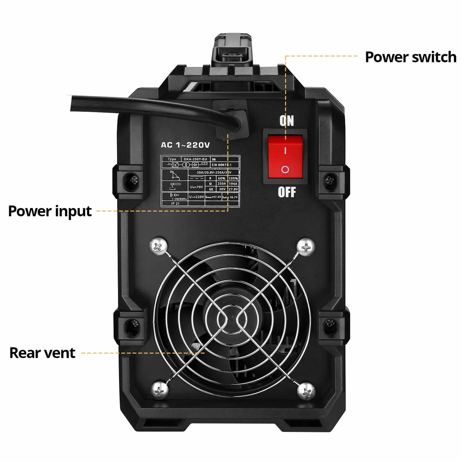 DEKO Soldadora 220V MMA, 250A Soporte de Electrodo para Máquina de Soldar ARC, Pinza de Trabajo, Cable Adaptador de Alimentación de Entrada