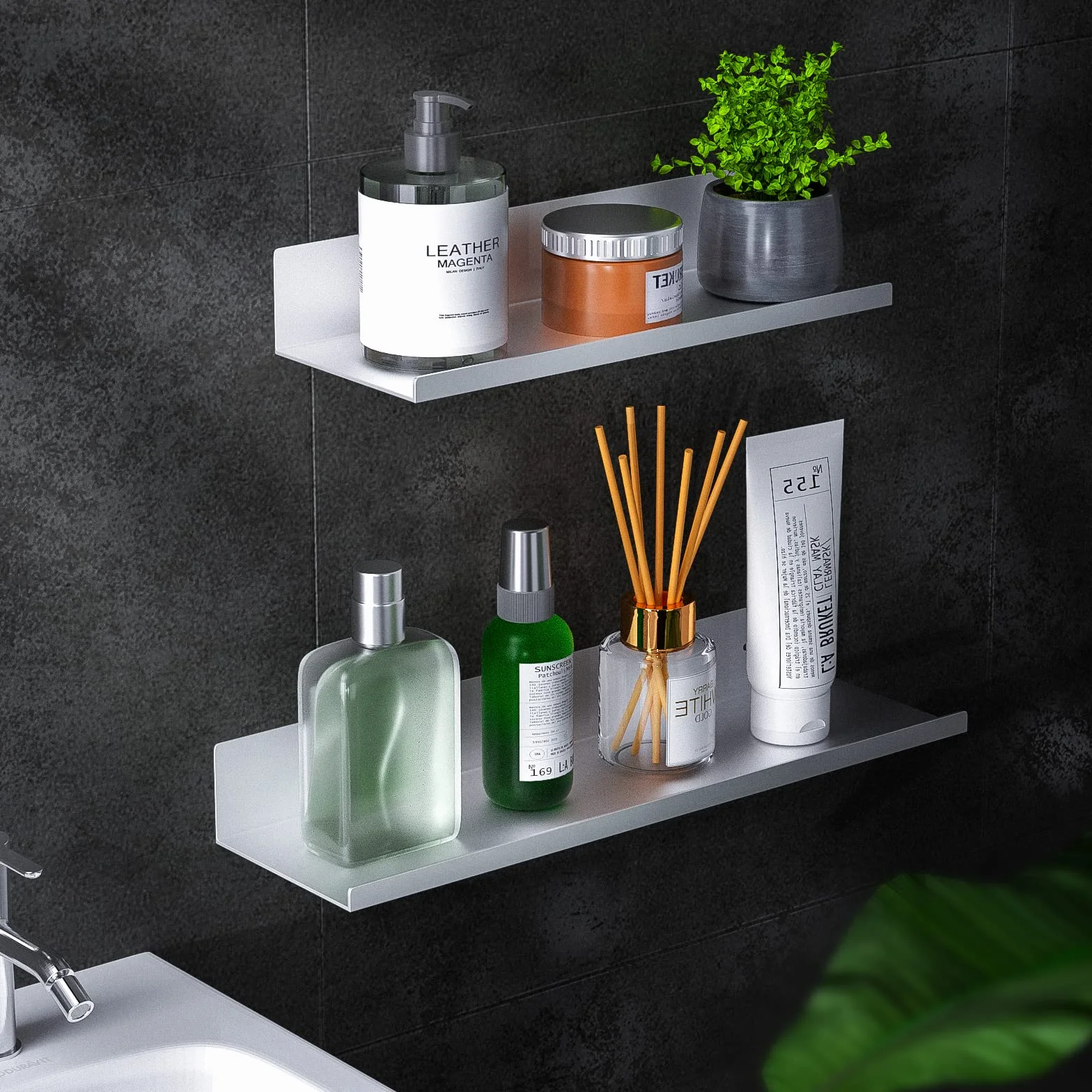 Juego de 2 estanterías autoadhesivas para ducha, sin taladrar, estante de pared con soporte de aluminio espacial para champú para baño, cocina, plateado