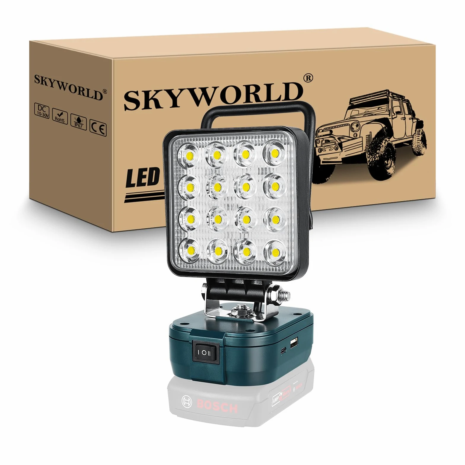 SKYWORLD Luz de trabajo LED inalámbrica para batería Bosch de 18 V, 48 W, 4800 lm, reflectores portátiles para iluminación de camping de bajo voltaje al aire libre, taller, garaje, lugar de trabajo