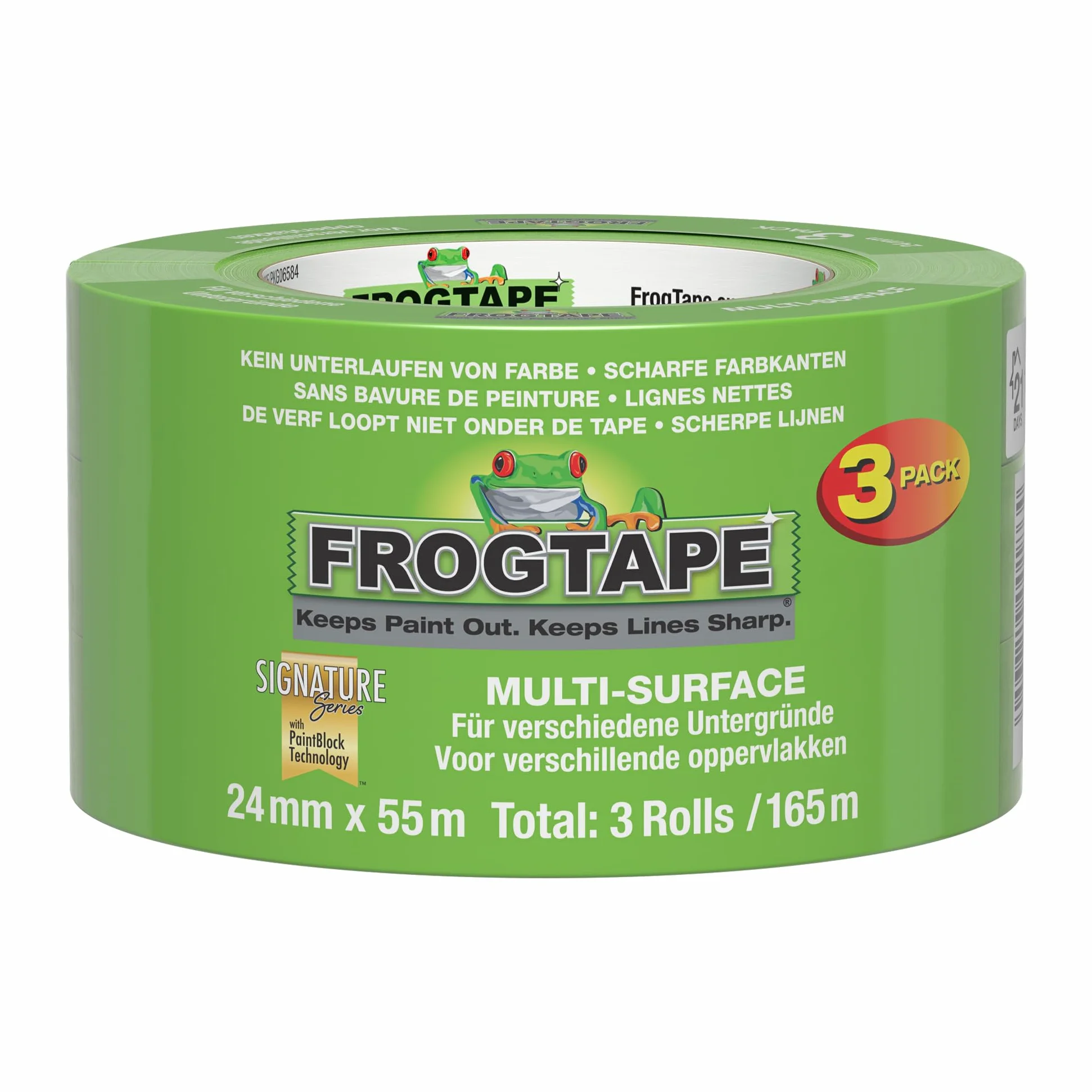 Frog Tape Multi Surface Cinta de Carrocero Verde, Tecnología PaintBlock, Cinta de Pintor para Madera Cristal y Metal, Bordes Muy Nítidos, Retirada Sin Residuos, Multisuperficie, 24mm x 55m Pack 3