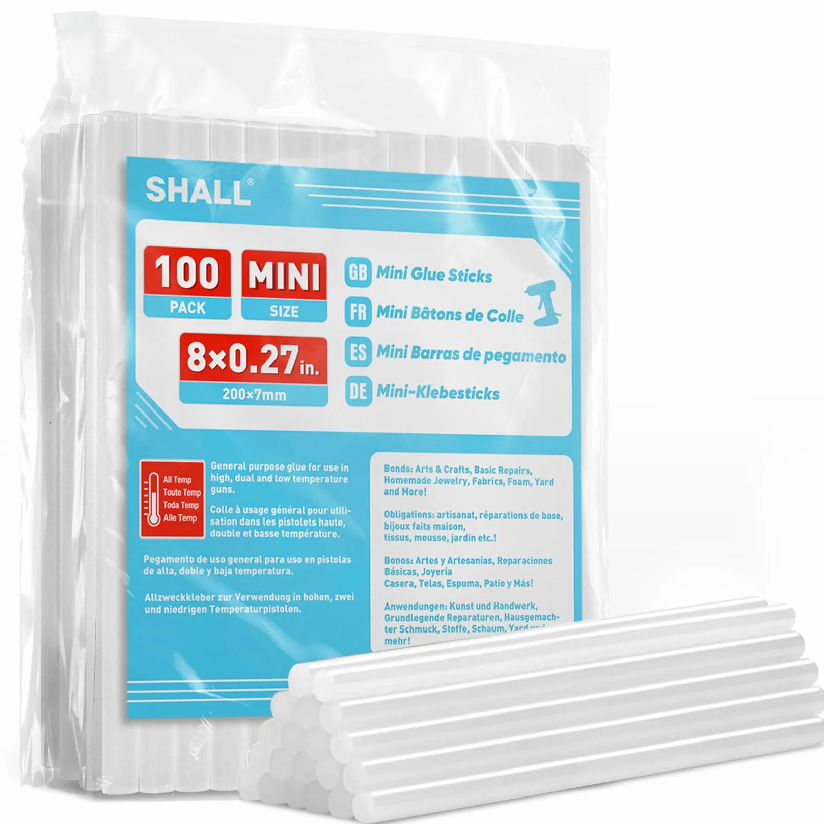 SHALL Mini barras de pegamento caliente, 7 mm x 200 mm, paquete de 100 barras de pistola de pegamento caliente transparentes, versátiles para niños y adultos para hacer bricolaje