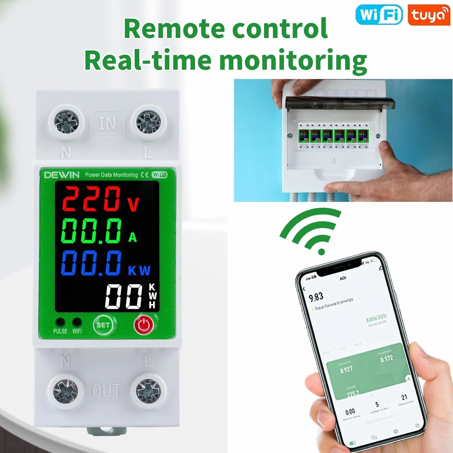 DEWIN Medidor Consumo Electrico WiFi,2P 63A 230VAC Contador Electrico Medidor de Energía Inteligente WiFi con Protección contra Sobretensión, Sobrecorriente, Fugas y Sobretemperatura