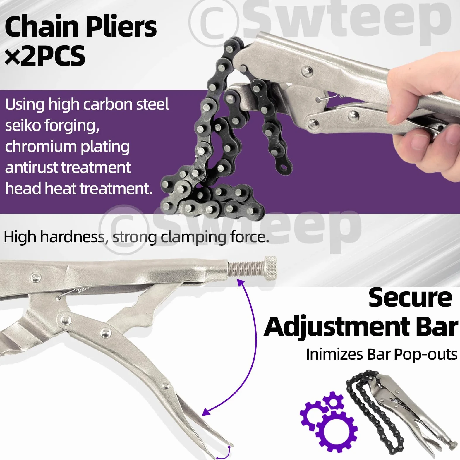 Swpeet 2Pcs 9 pulgadas de acero de aleación para uso pesado Pinzas de la cadena de bloqueo con cadena de 20", herramienta de filtro de aceite reversible Accesorios de tuberías Herramientas Llave