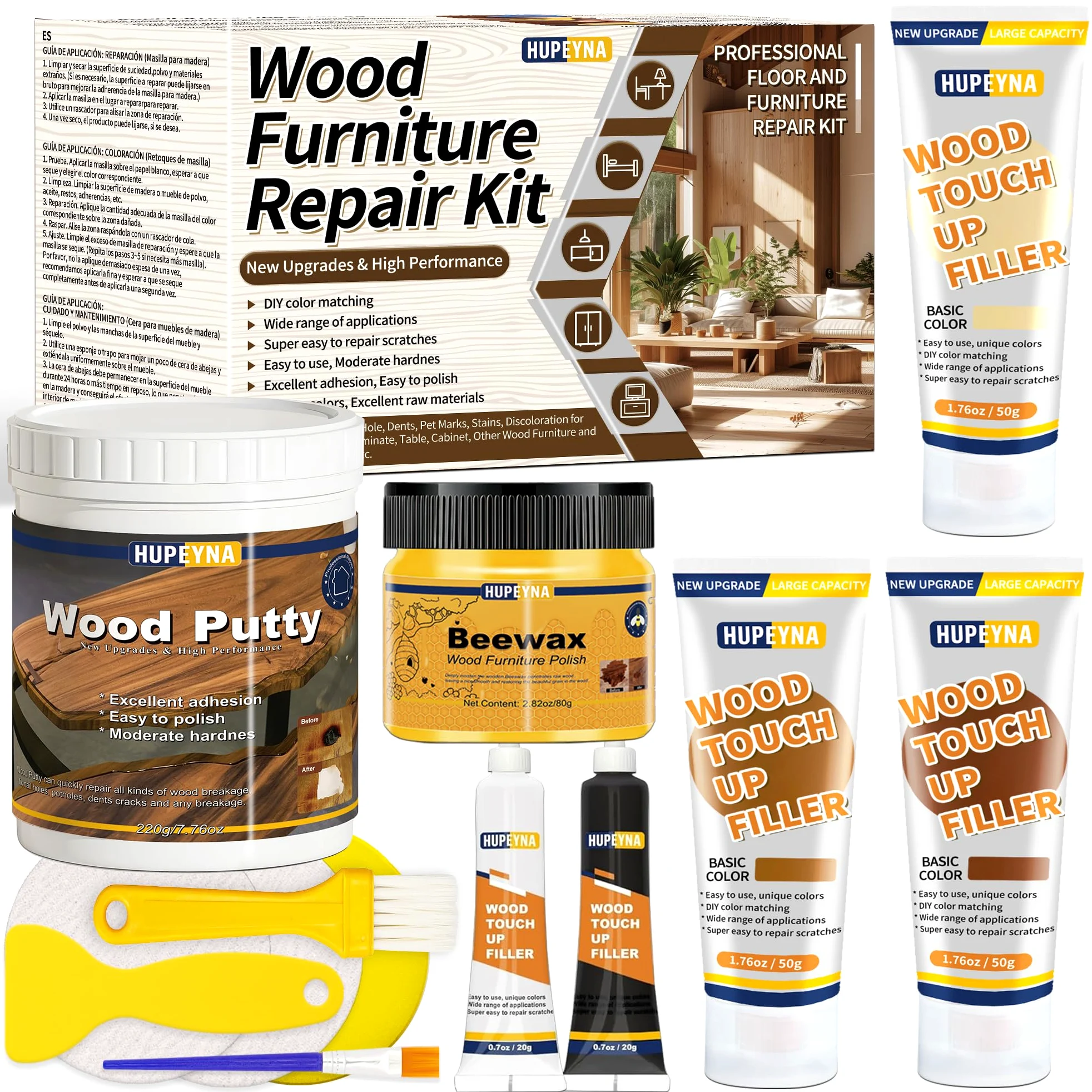 Kit de Reparación de Madera, Kit Reparación Laminado - Serie Madera Natural | Masillas de Madera y Cera de Abejas, Reparación de Manchas, Grietas, Agujeros, Decoloración Reparador Arañazos Parquet