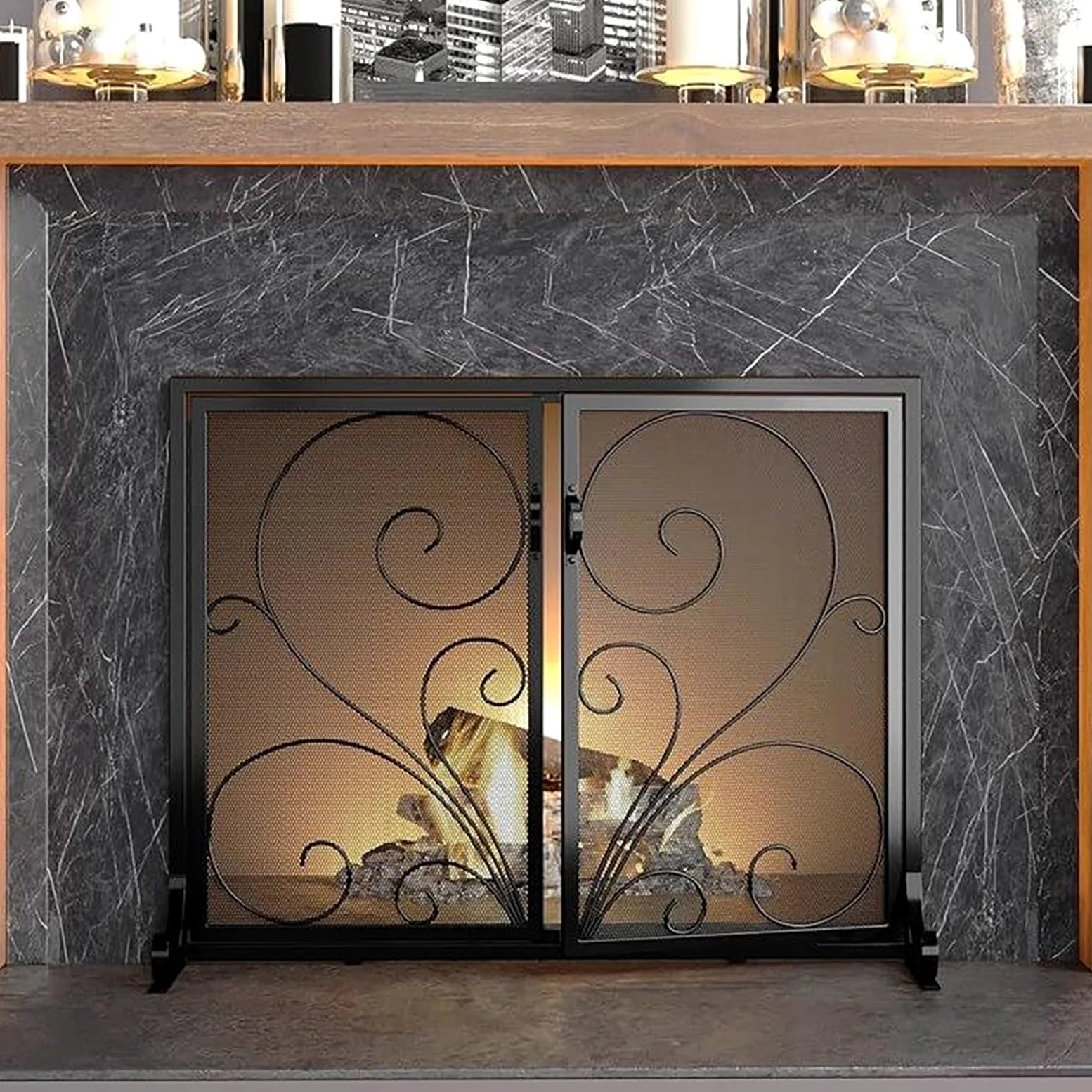 Protector Chimenea Plano con Puertas De Hierro Forjado, Malla Metálica Salvachispas Chimenea, Pantalla Decorativa con Diseño De Rollos para Chimeneas De Hogar