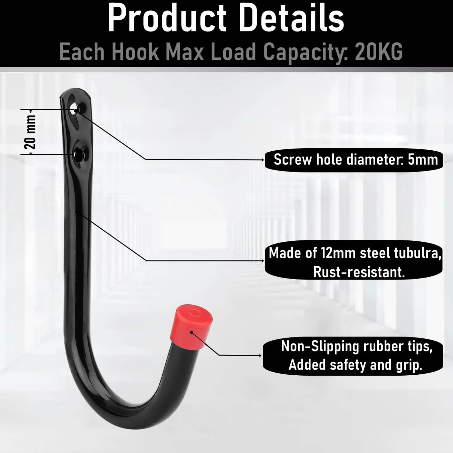 Ganchos de garaje, 20 ganchos J resistentes, 9 cm, soporte de pared de acero para escalera, bicicleta, manguera de jardín, cuerda, bolsas de equipamiento deportivo