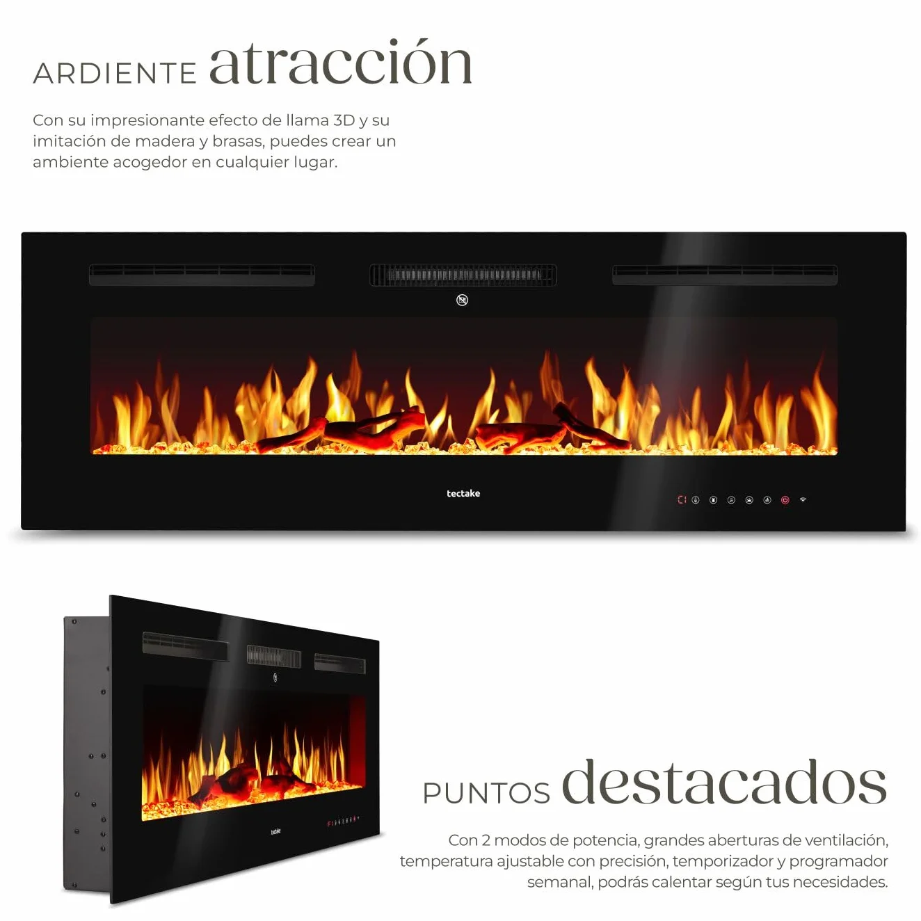 tectake® Chimenea Electrica Decorativa con Efecto Llama 3D, 2 Niveles de Calefacción, Control Remoto, Chimenea Eléctrica con Termostato Integrado, Protección Sobrecalentamiento - 12 x 127 x 43 cm