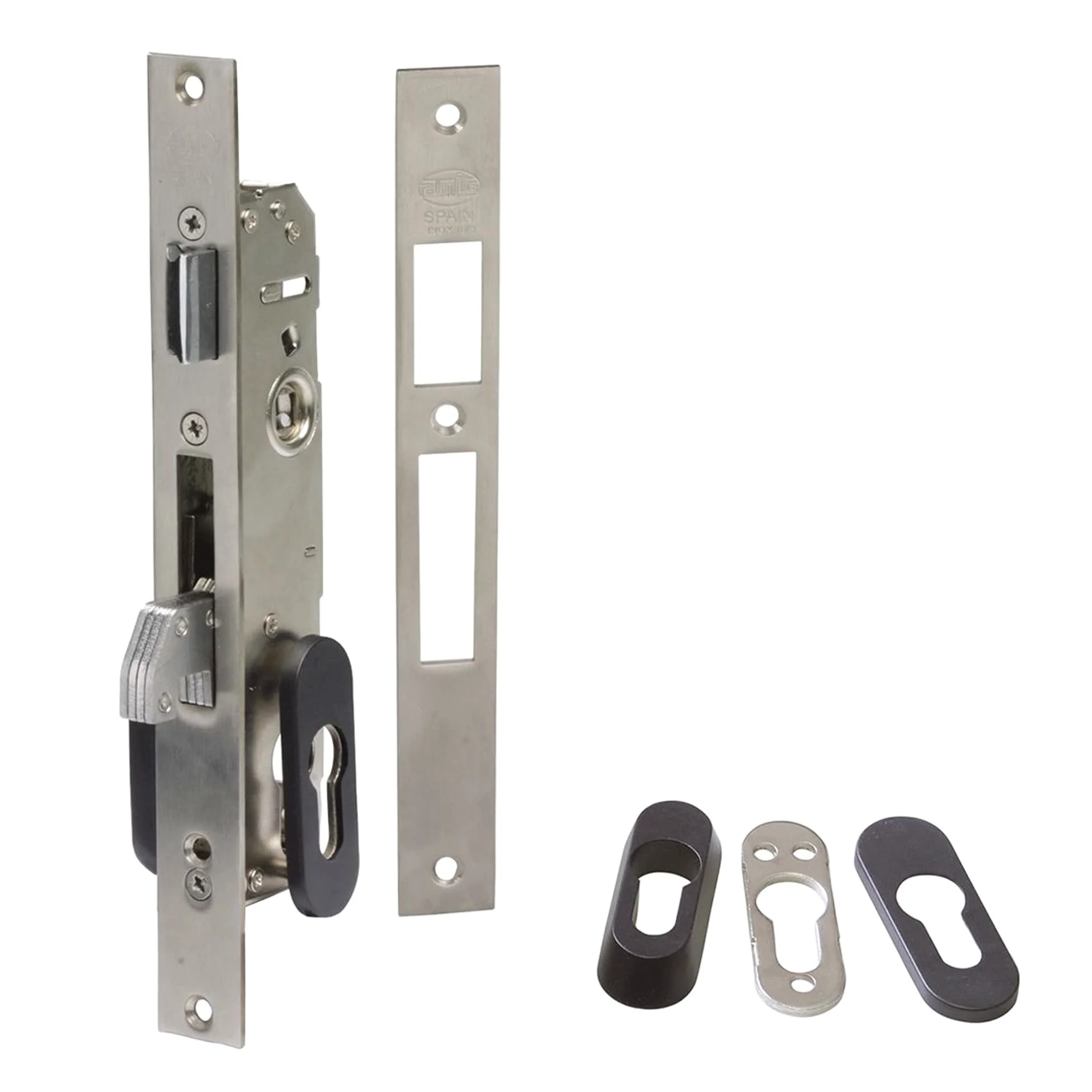 Amig - Cerradura de Embutir para Carpintería Metálica Mod. 770-20 mm - Cilindro Europerfil de Leva de 13,2 mm - Picaporte Reversible y Cierre Basculante - Acero Inoxidable