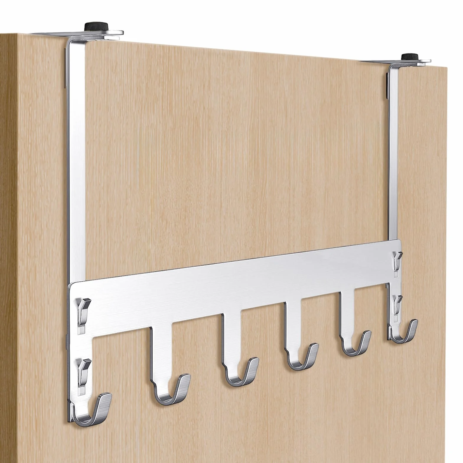 Luxear Perchero Puerta Baño sin Taladrar, Colgador Puerta Ajustable de Acero Inoxidable con 6 Ganchos, MAX 20KG, Percha Puerta para Dormitorio Baño Cocina, Puerta 1-5 cm