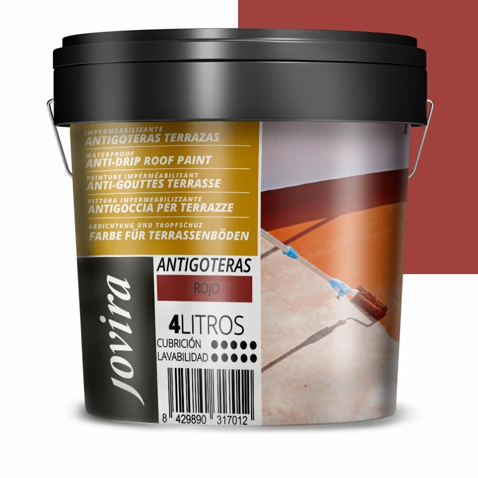 JOVIRA PINTURAS Impermeabilizante Antigoteras, Terraza Antigoteras Caucho Elástica, pintura de terrazas, evita filtraciones en todo tipo de cubiertas y terrazas. (4 Litros, Rojo) A-49