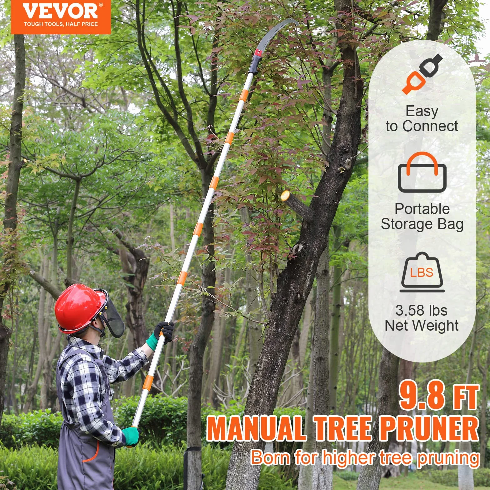 VEVOR Sierra de Poda Telescópica 1,4-3 m Pértiga Extensible Manual Hoja Acero Afilada 8 Postes Aleación Aluminio