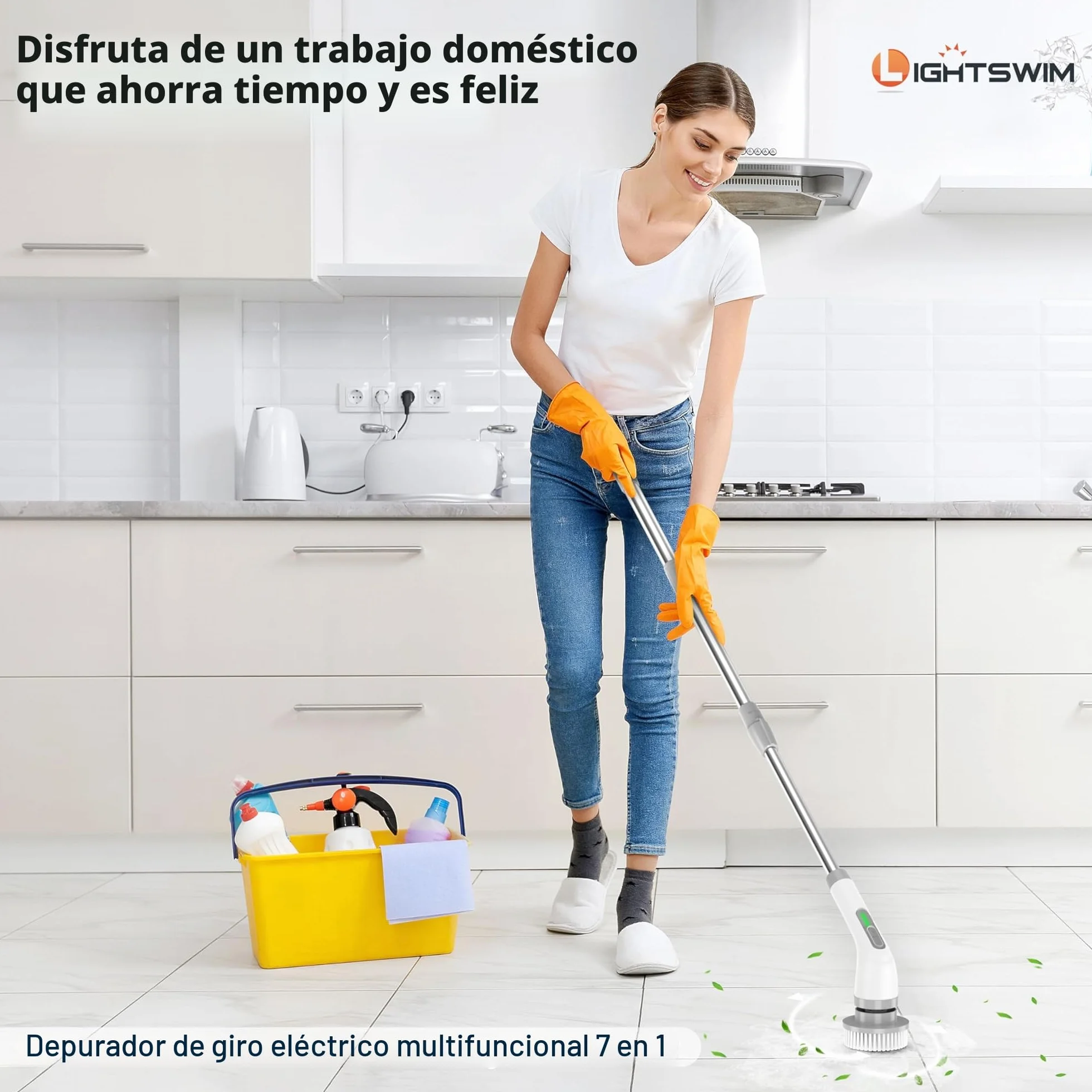 Lightswim Limpiador giratorio eléctrico, cepillo de limpieza 7 en 1, limpieza potente de 420 rpm, limpiador de baño de 1.5 horas de velocidad dual con brazo de extensión para cocina, coche, azulejos