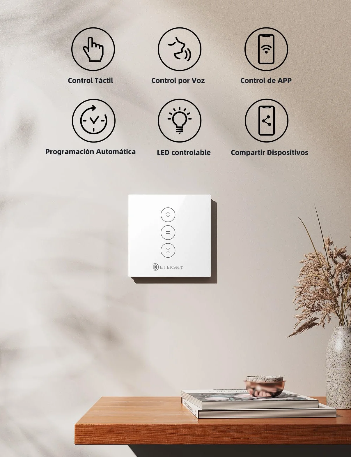 【LED Controlable】Wifi Interruptor Persiana, Etersky Interruptor Táctil Inteligente WiFi Controlable de APP y Voz, Compatible con Alexa/Google Home con Temprizador para Motor Persiana Tubular