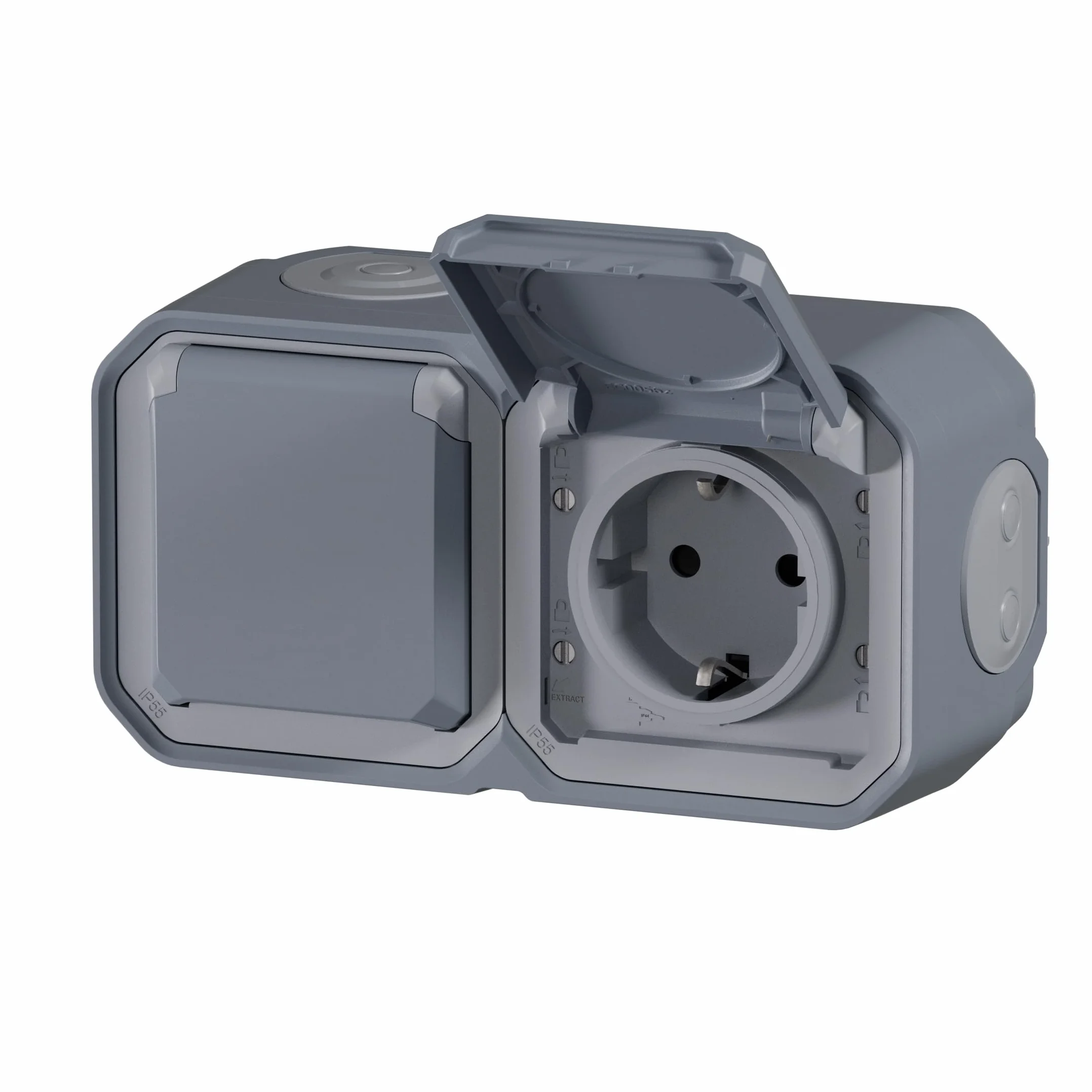 Legrand - Enchufe Doble 2P+T 16A con contacto lateral de tierra - Plexo - Estanco IP55 - Montaje en superficie - Gris - 069742LE