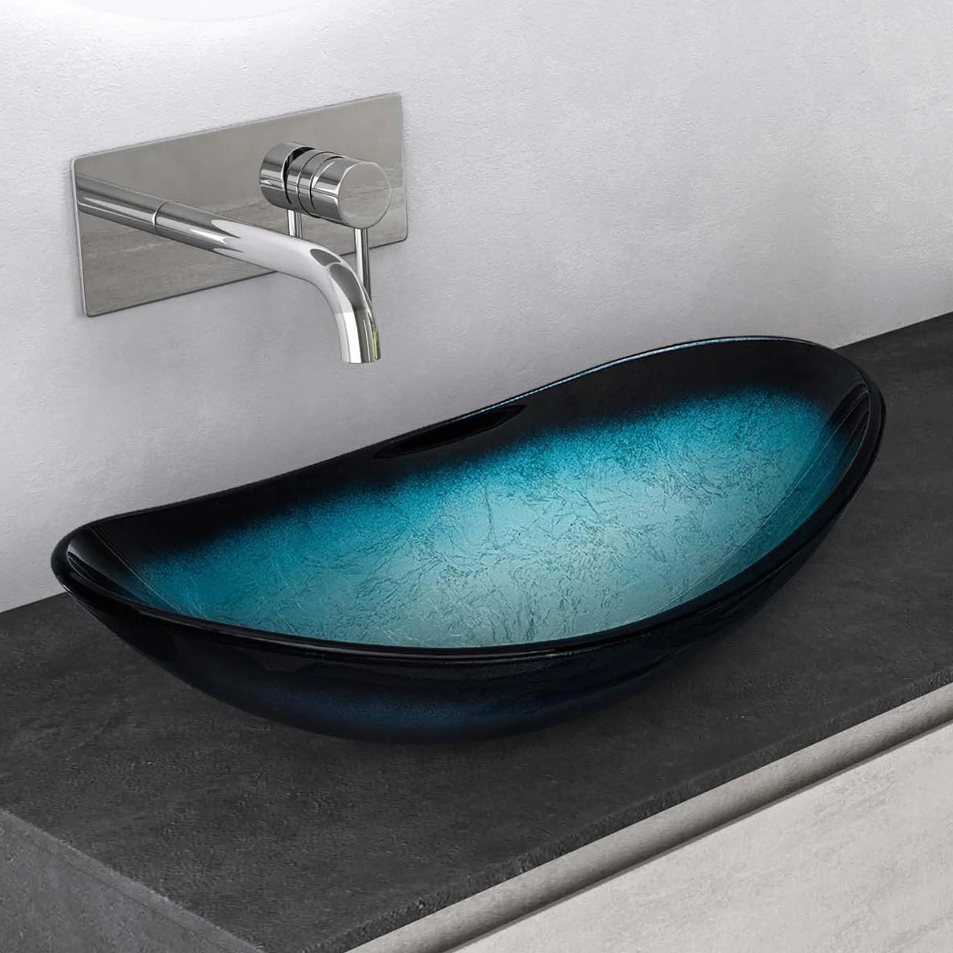 Mai & Mai Lavabo sobre Encimera Lavabo Baño | Ovalado | Vidrio | Azul | 53,5x35,5x16 cm | sin Orificio para Grifo sin Rebosadero | Minerva08