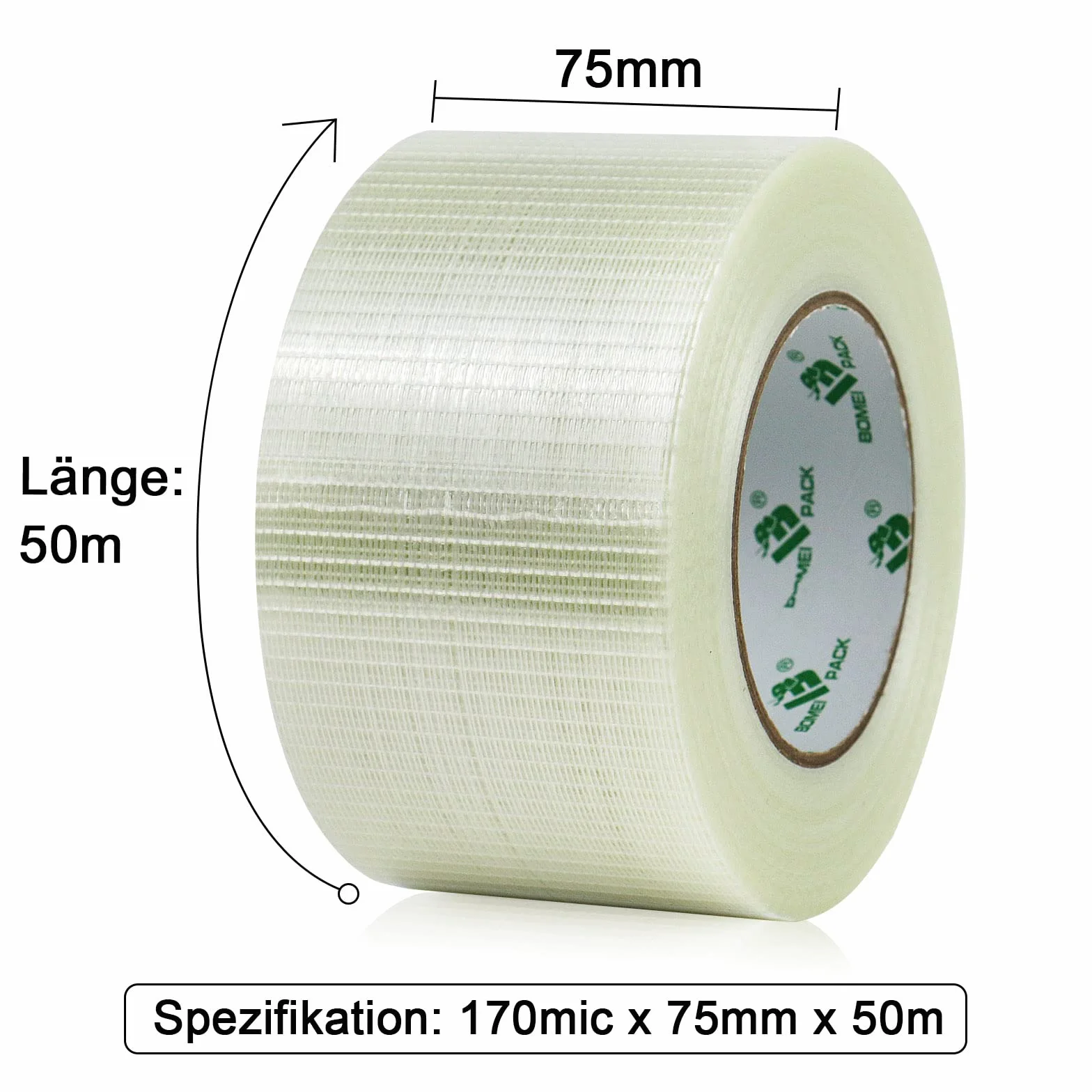 BOMEI PACK Cinta de flejado de filamento, 1 unidad, 75 mm x 50 m, transparente, reforzada, cinta de fibra de vidrio, cinta de embalaje, cinta de filamentos reforzada