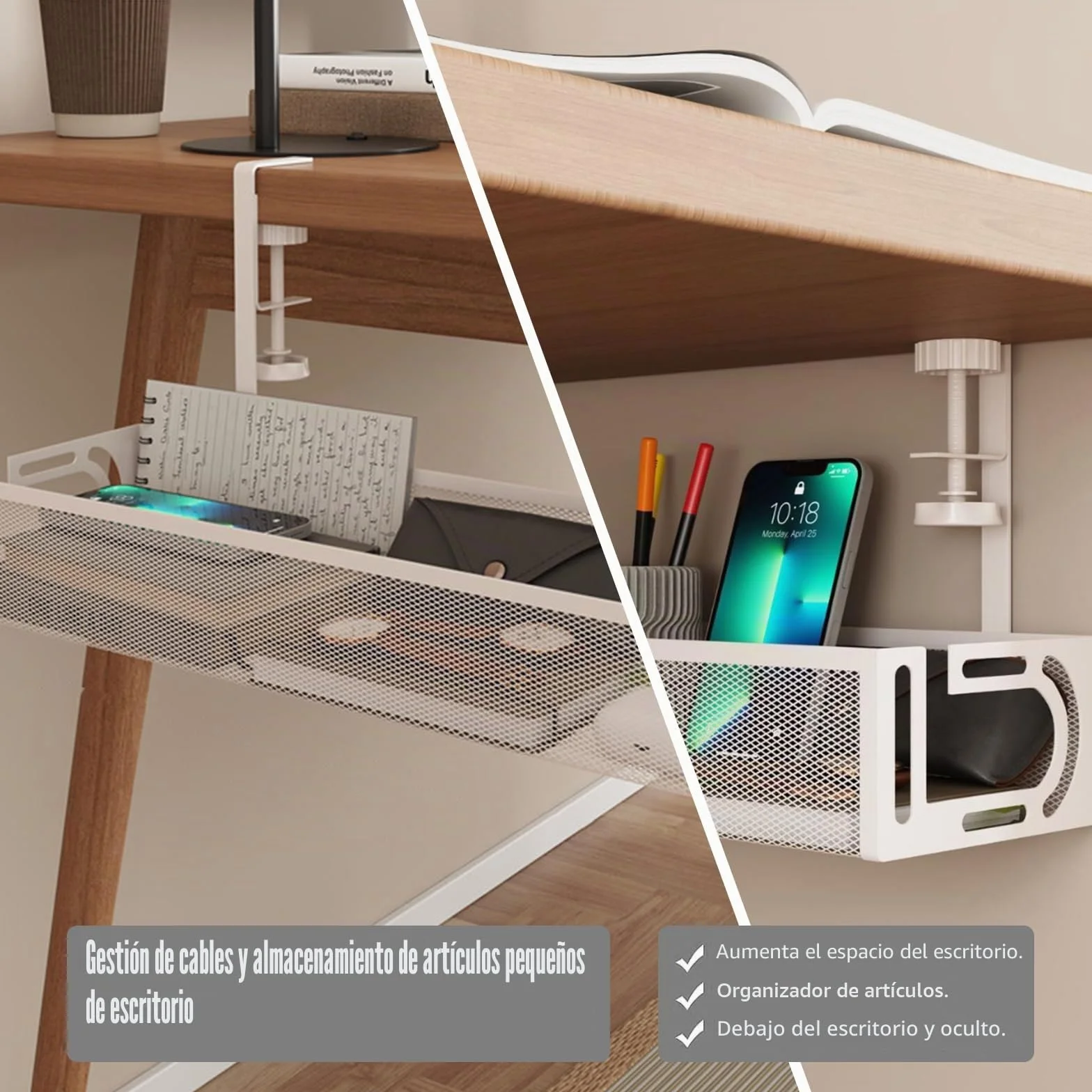 Bandeja de gestión de Cables para Debajo del Escritorio, Organizador de Cables sin Taladro, Bandeja de Cables Ajustable y retráctil, fácil de Instalar, solución de Cables para el hogar u -1 Paquete