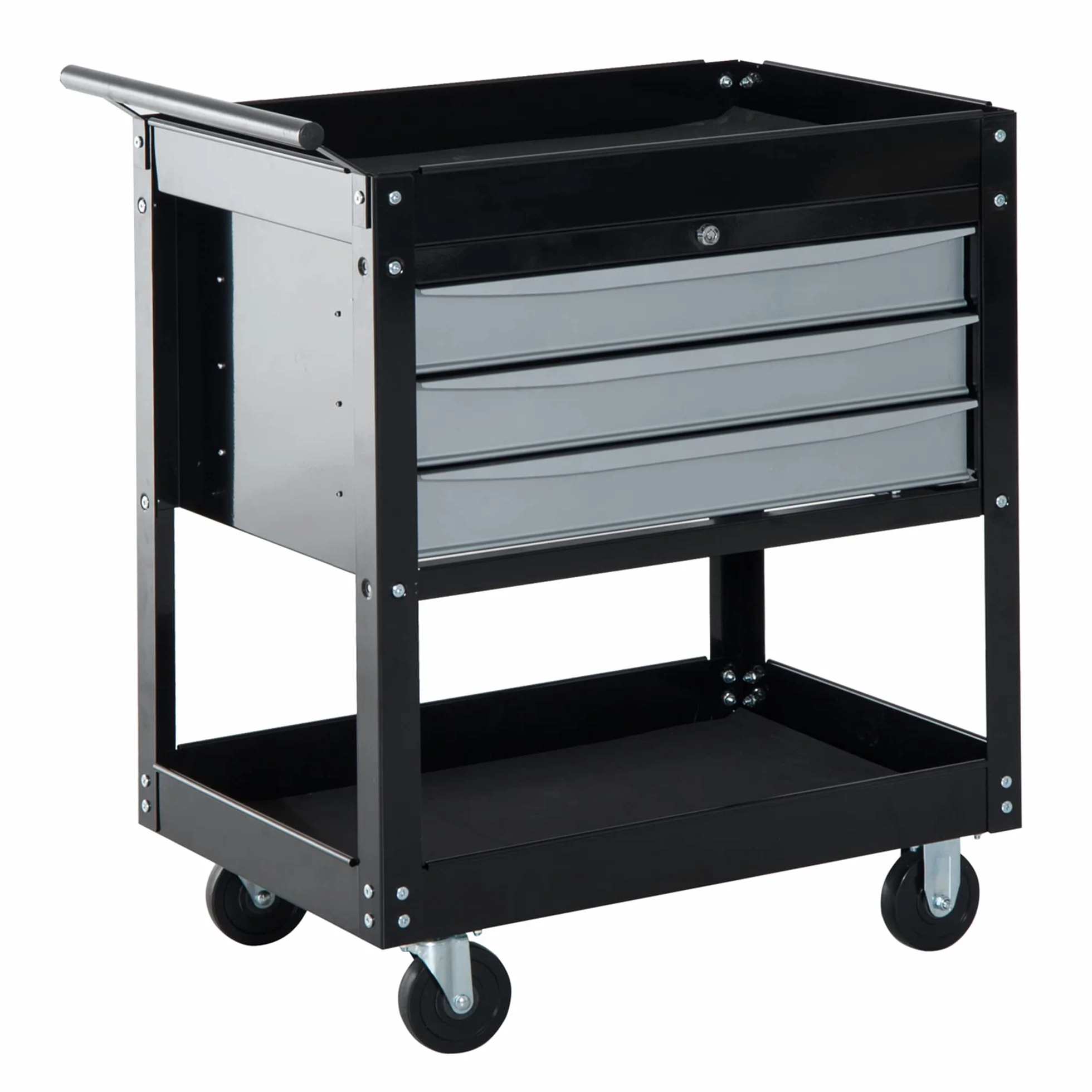 HOMCOM Carro de Herramientas Móvil 3 Cajones 2 Estanterías 68x46x88cm Chapa de Acero Negro