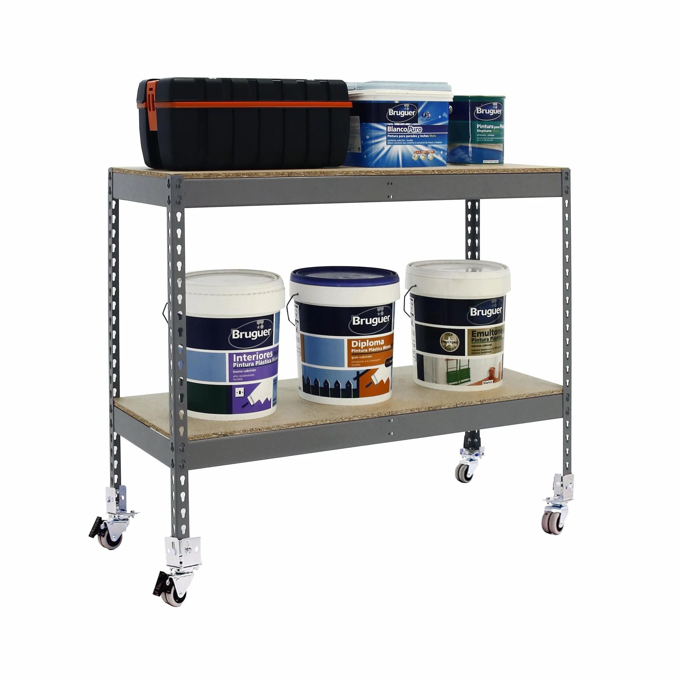Simon Rack Estanteria Industrial, 975x1200x450 mm, 75 kg de Punto Flexión, 2 Alturas Madera, Estanteria Almacenaje, Inlcuye Ruedas, Gris/Madera - SimonTaller
