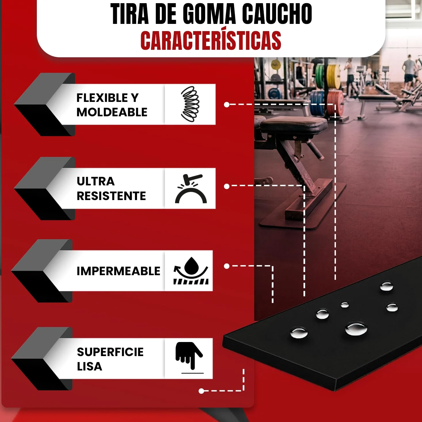 Tiras de Goma SBR en Rollo Antideslizante, Resistentes a Aceites y Alta Durabilidad para Taller, Gimnasio, Aislamiento y Uso Industrial; 25, 50 Y 100 mm Ancho, 1, 3 y 6 m Largo, 3 y 5 mm Espesor