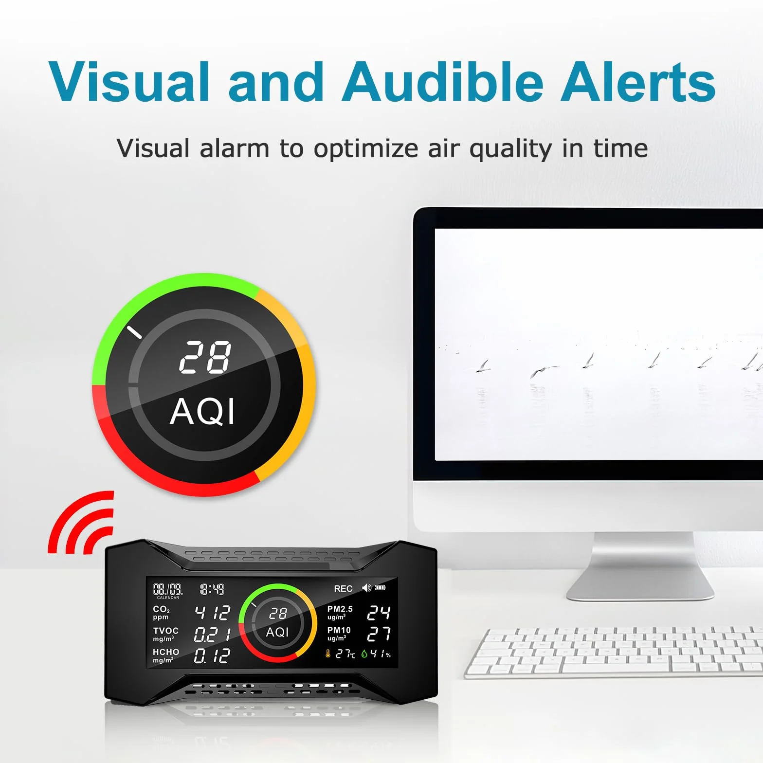 CF-20 DL Monitor de Calidad del Aire Interior con Informe de Datos para CO2 TVOC PM2.5 PM10 AQI HCHO Temperatura Humedad, Monitor de contaminación del Aire con Alarma de Audio