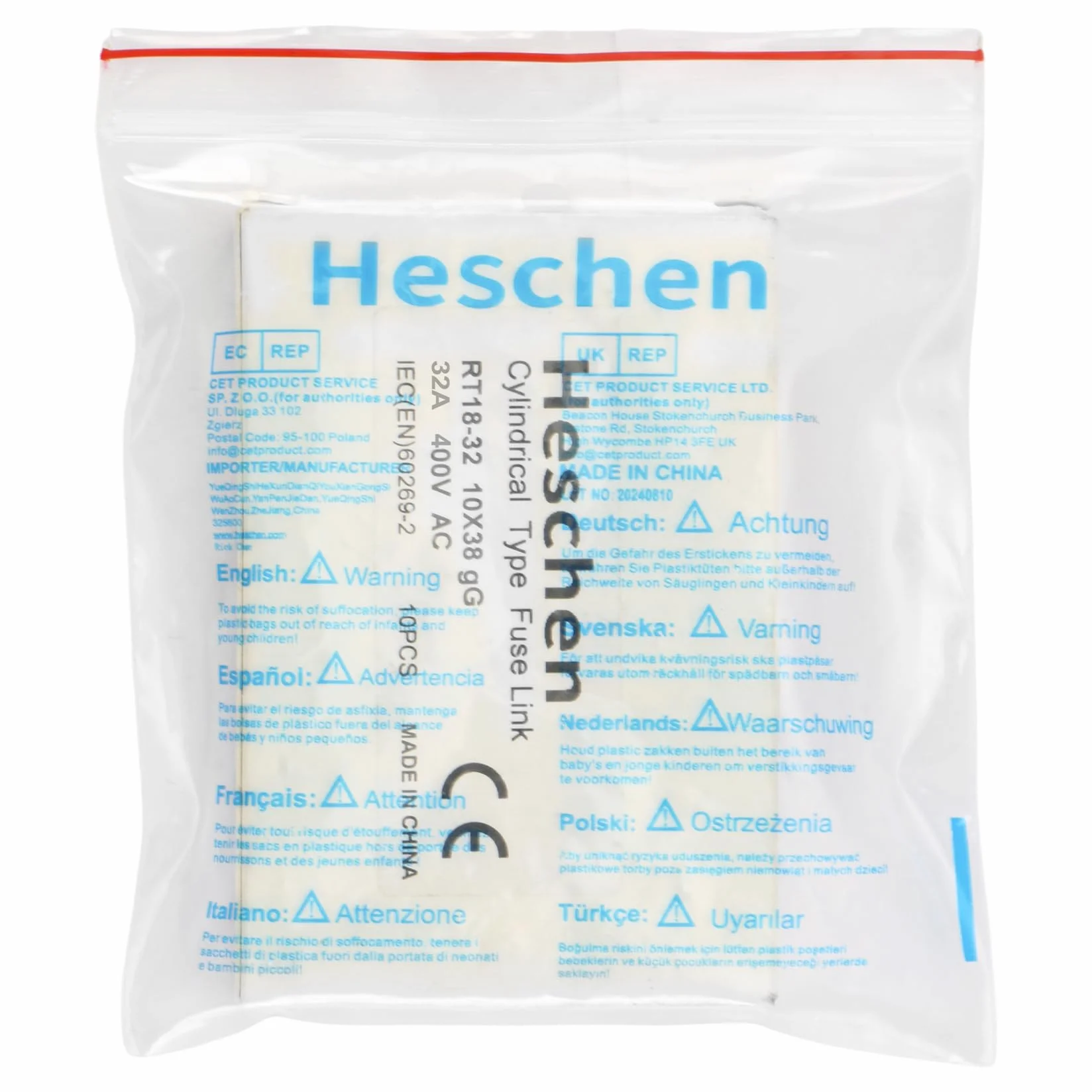 Fusible cilíndrico de cerámica RT18-32 (RO15) 10 x 38 mm 32A 400V CE paquete 10 unidades