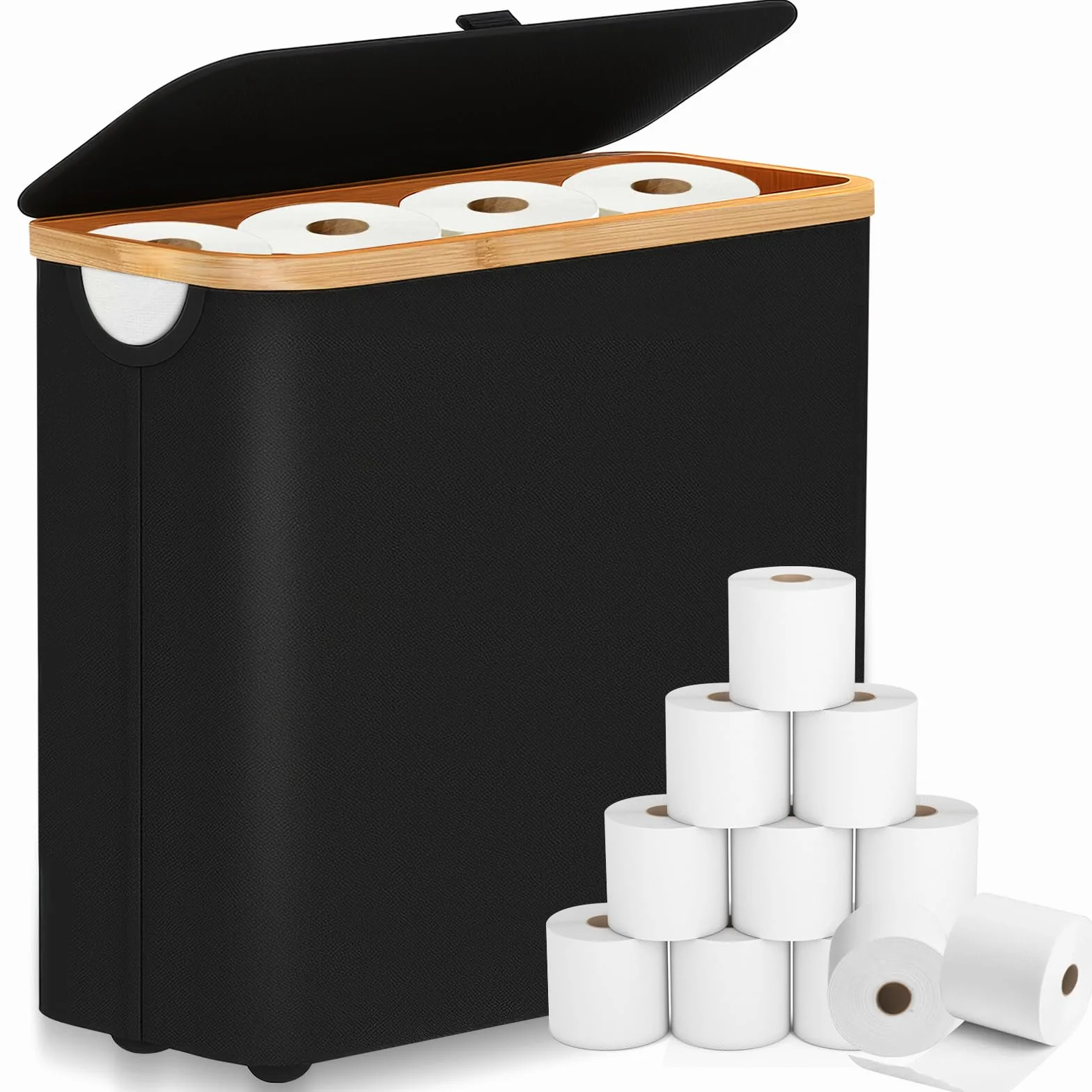 28L Cesta de Almacenamiento de Papel Higiénico de 9~12 Rollos, Organizador de Baño Plegable Impermeable, Almacenaje Papel Higienico para Baño con Tapa para Baño y Hogar (Negro)