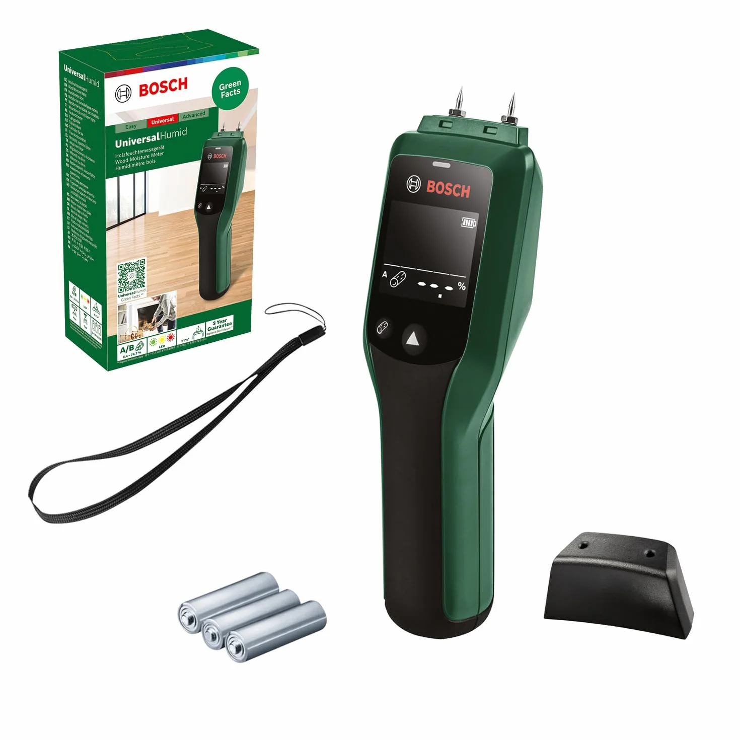Bosch Medidor de Humedad UniversalHumid (resultados precisos gracias a la selección del grupo de madera y LED de indicación para una interpretación sencilla de los resultados, en caja de cartón)