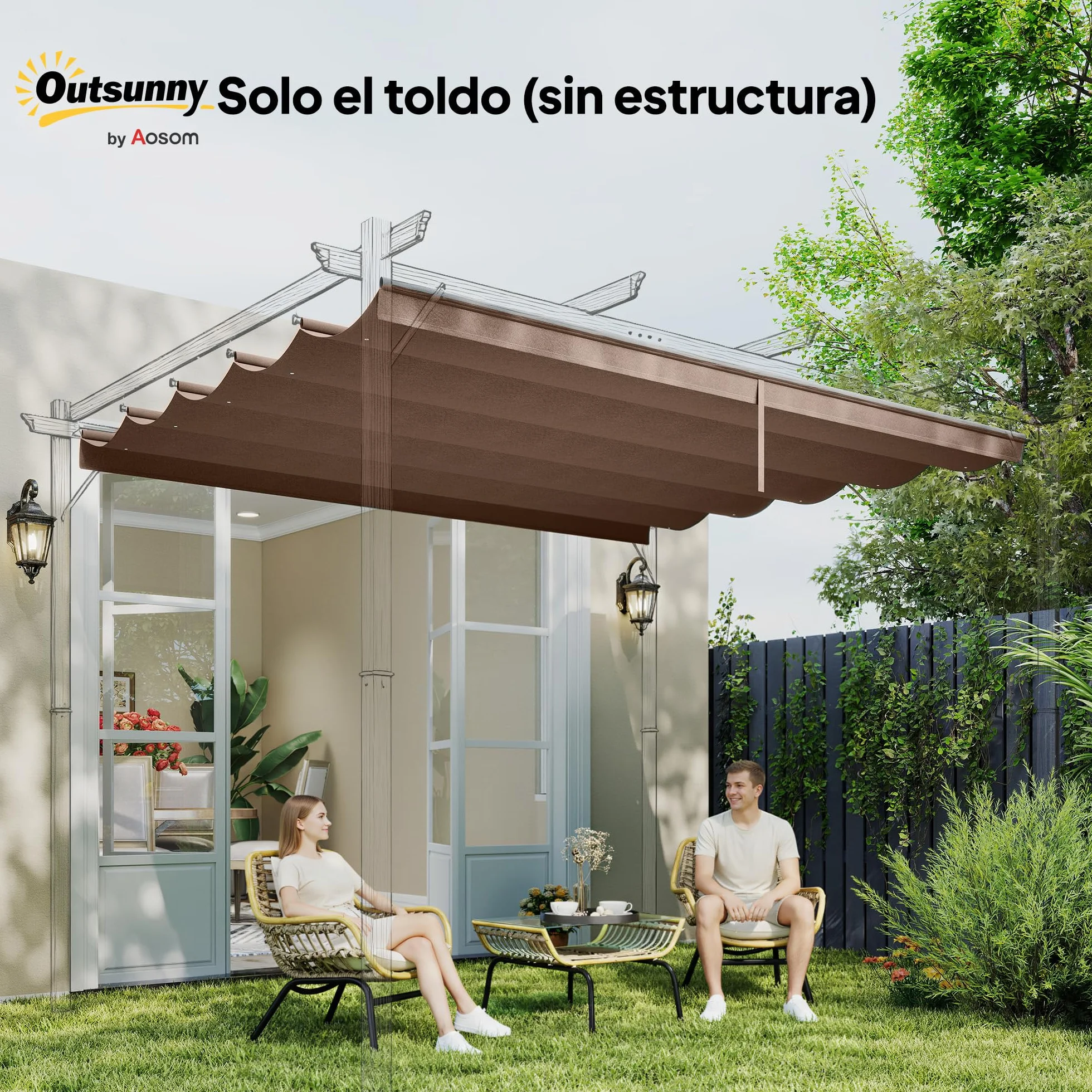 Outsunny Techo de Pérgola 3,5x2,6 m, Repuesto Retráctil UV30+, Toldo Jardín Café