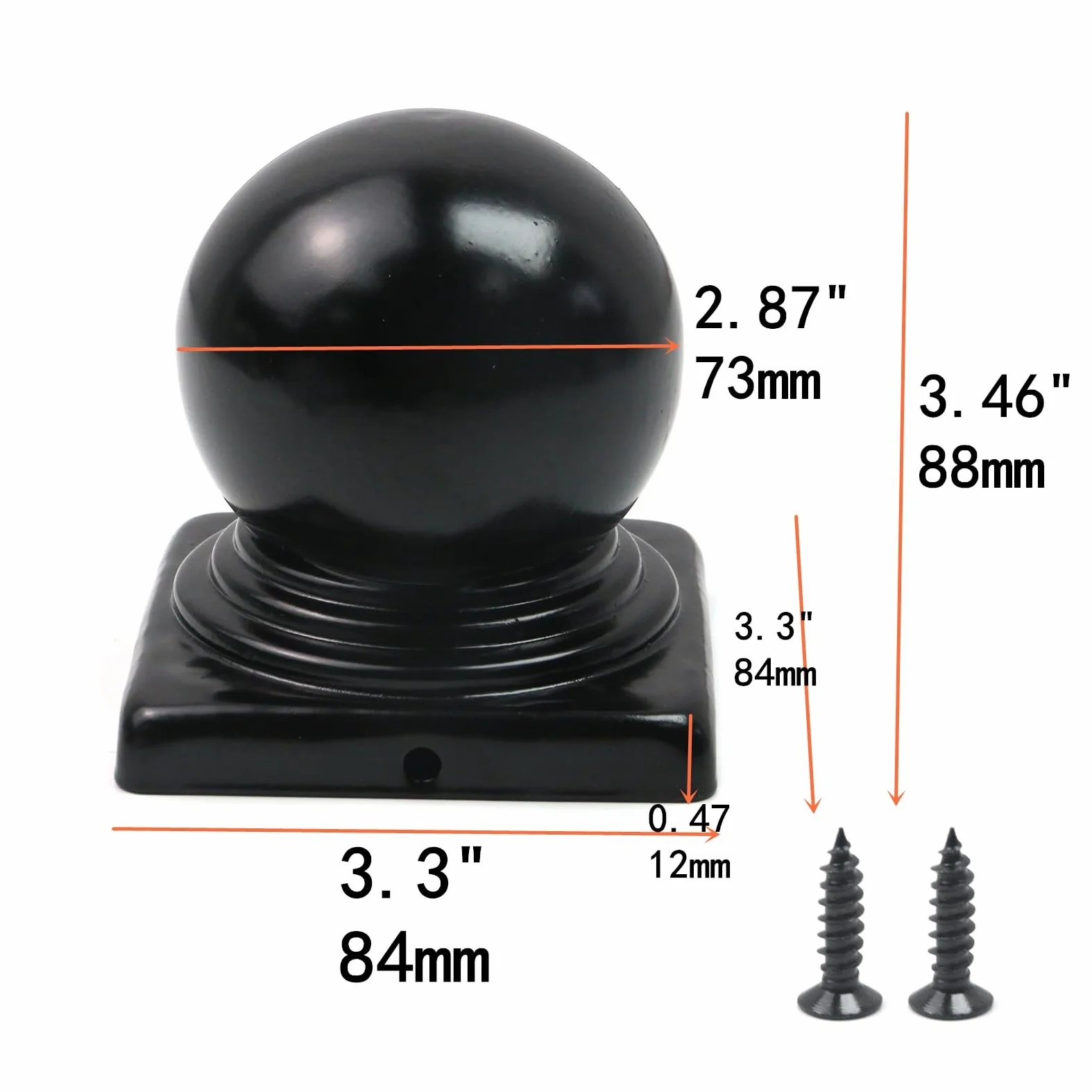 4 tapas negras para postes de valla con bola superior, tapas de poste, tapas de poste de cubierta de cúpula de bola con tornillos para postes de metal reales de 3.15 x 3.15 pulgadas/80 mm