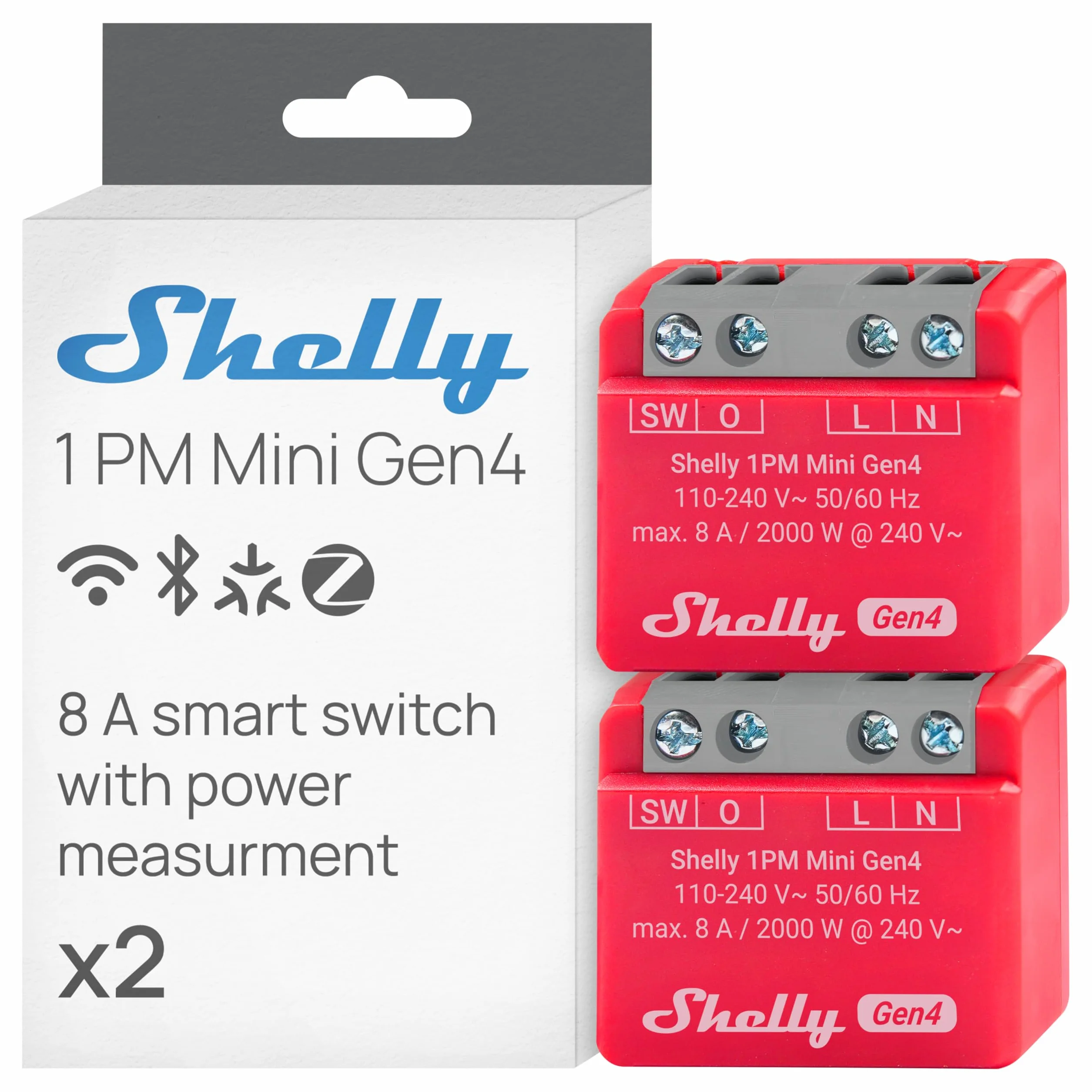 Shelly 1PM Mini Gen4 – Módulo interruptor inalámbrico Matter, Zigbee y Wi-Fi, 1 canal 8A, Medición de consumo de energía, Relé de luz, Control por app y por voz Alexa, Google, Apple HomeKit - 2 Piezas