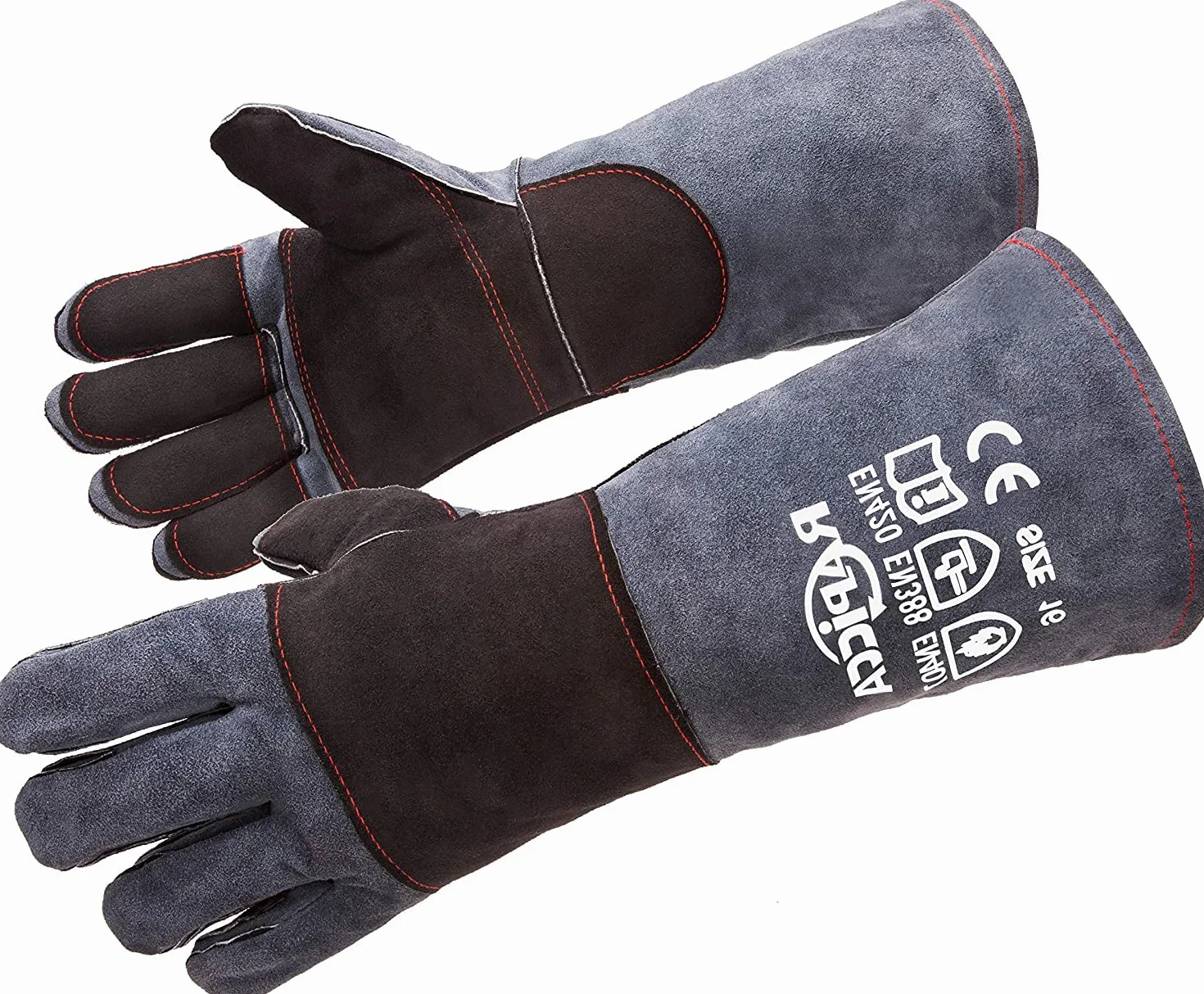 RAPICCA Guantes de soldadura de cuero Forge/Mig/Stick resistentes al calor/fuego, guantes para horno/parrilla/chimenea/horno/soldador/barbacoa/guante de manipulación de animales Gris-Negro 40.6cm