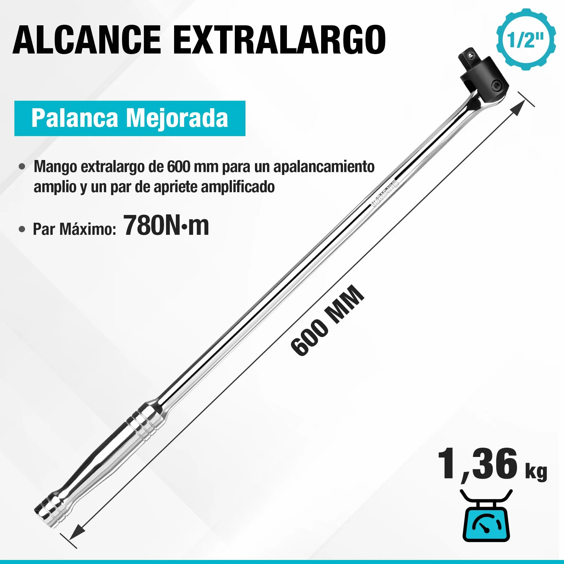 DURATECH 1/2" Mango Articulado, Llave para Trabajos Pesados, Barra Rompedora 600 mm, Llave de Carraca con Cabeza Flexible, Llave para Tuercas de Rueda