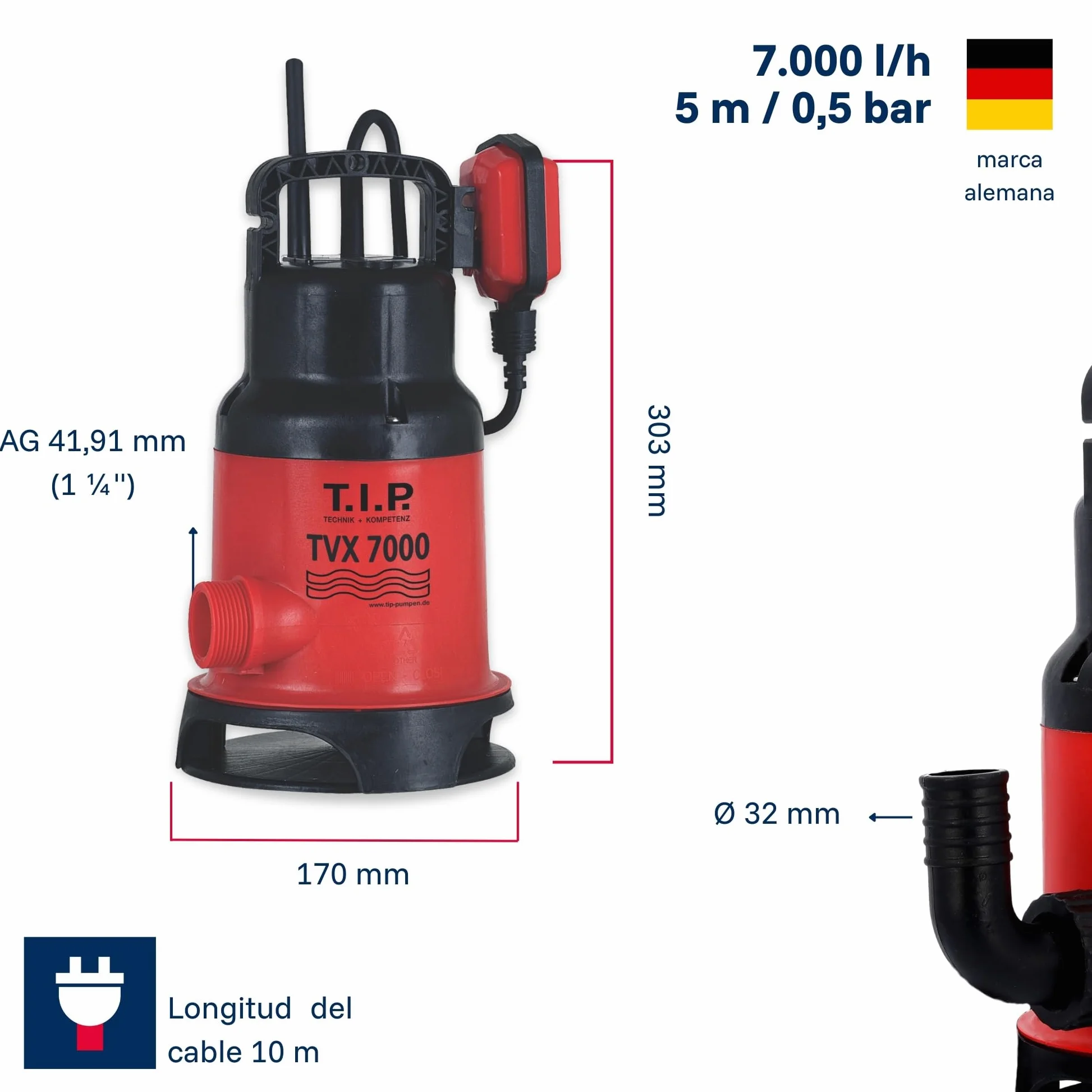 T.I.P. 30268 Bomba de inmersión para aguas residuales TVX 7000