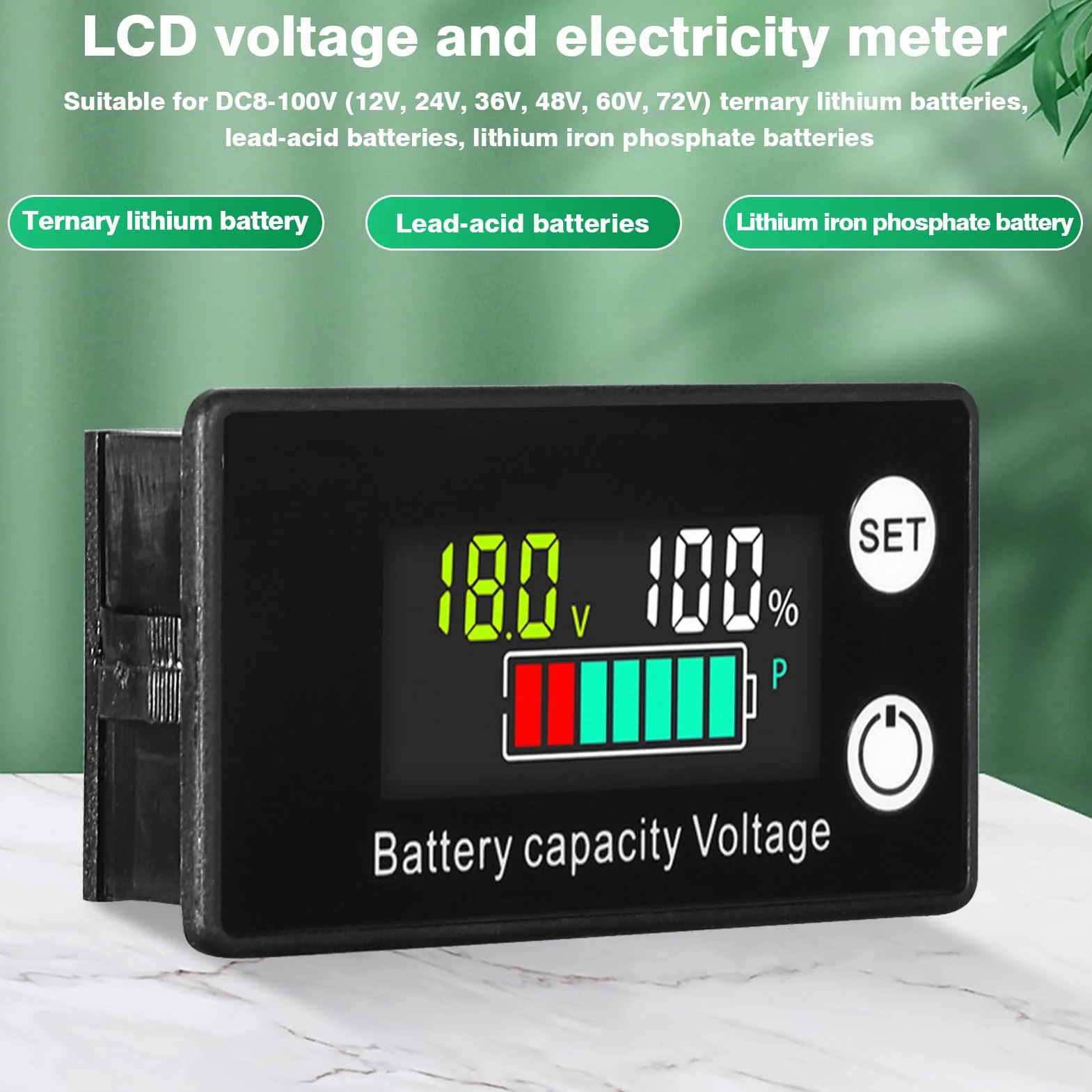 DEWIN Voltímetro Digital, Monitor de Capacidad de Batería LCD Medidor de Voltaje de Nivel de Batería con Alarma para Automóviles y Barcos DC 8V-100V Probador para Li-ion Lifepo4, plomo y ácido