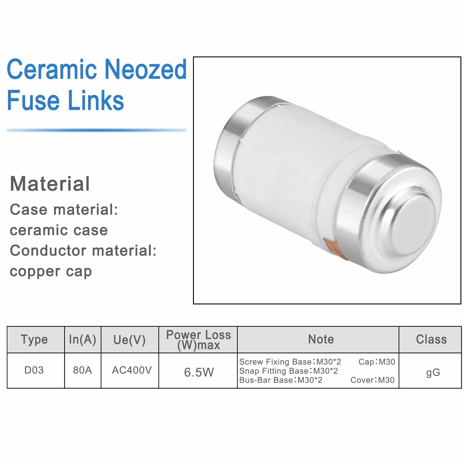 Heschen Eslabones fusibles cerámicos Neozed, eslabón fusible tipo D0, D03, 80A 400VAC, tipo gL/gG, 10 unidades