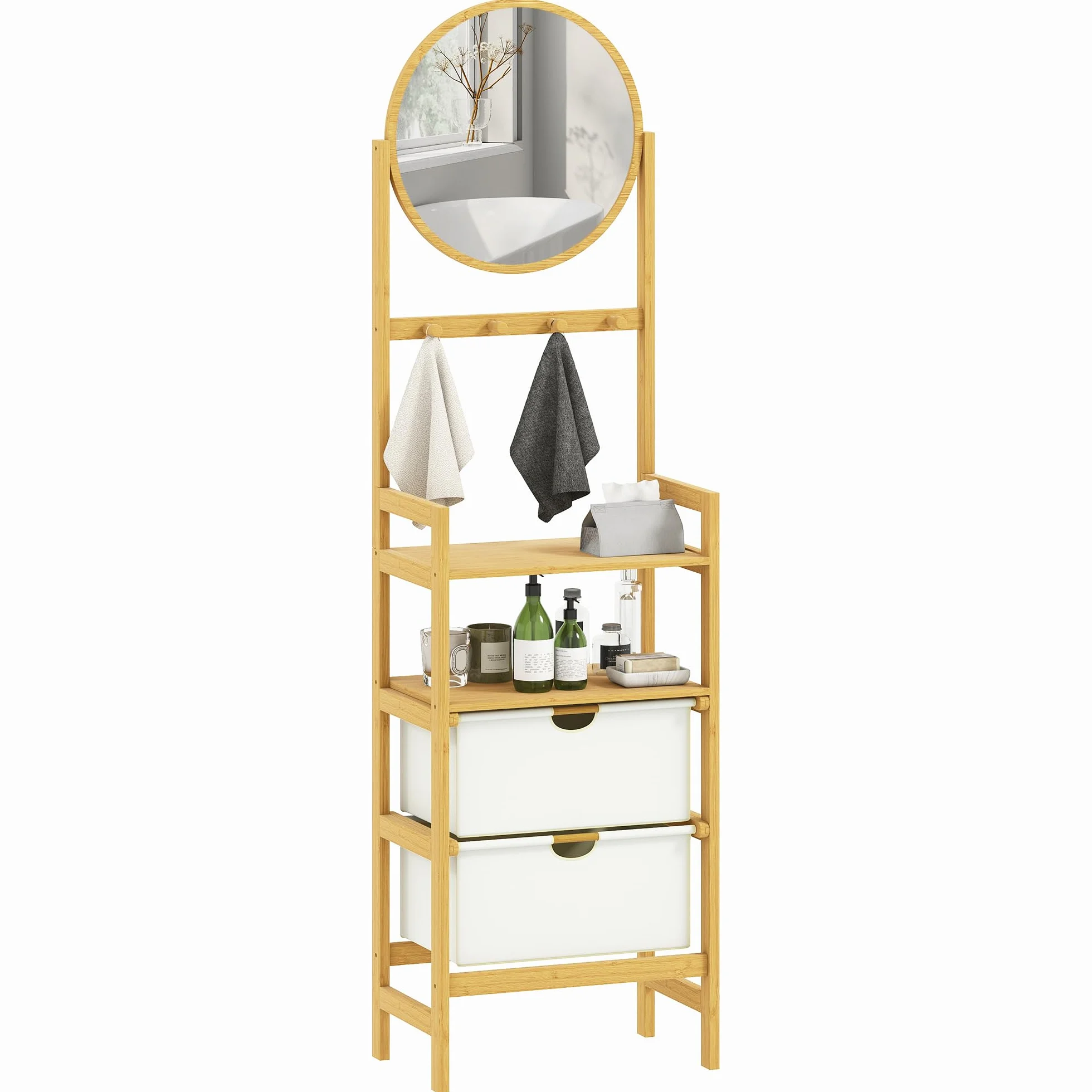 HOMCOM Estantería de Baño de Bambú con Espejo Estantería de Almacenaje con 4 Ganchos 2 Estantes Abiertos y 2 Cajones de Tela para Cocina Baño Salón 48,5x30x170 cm Natural