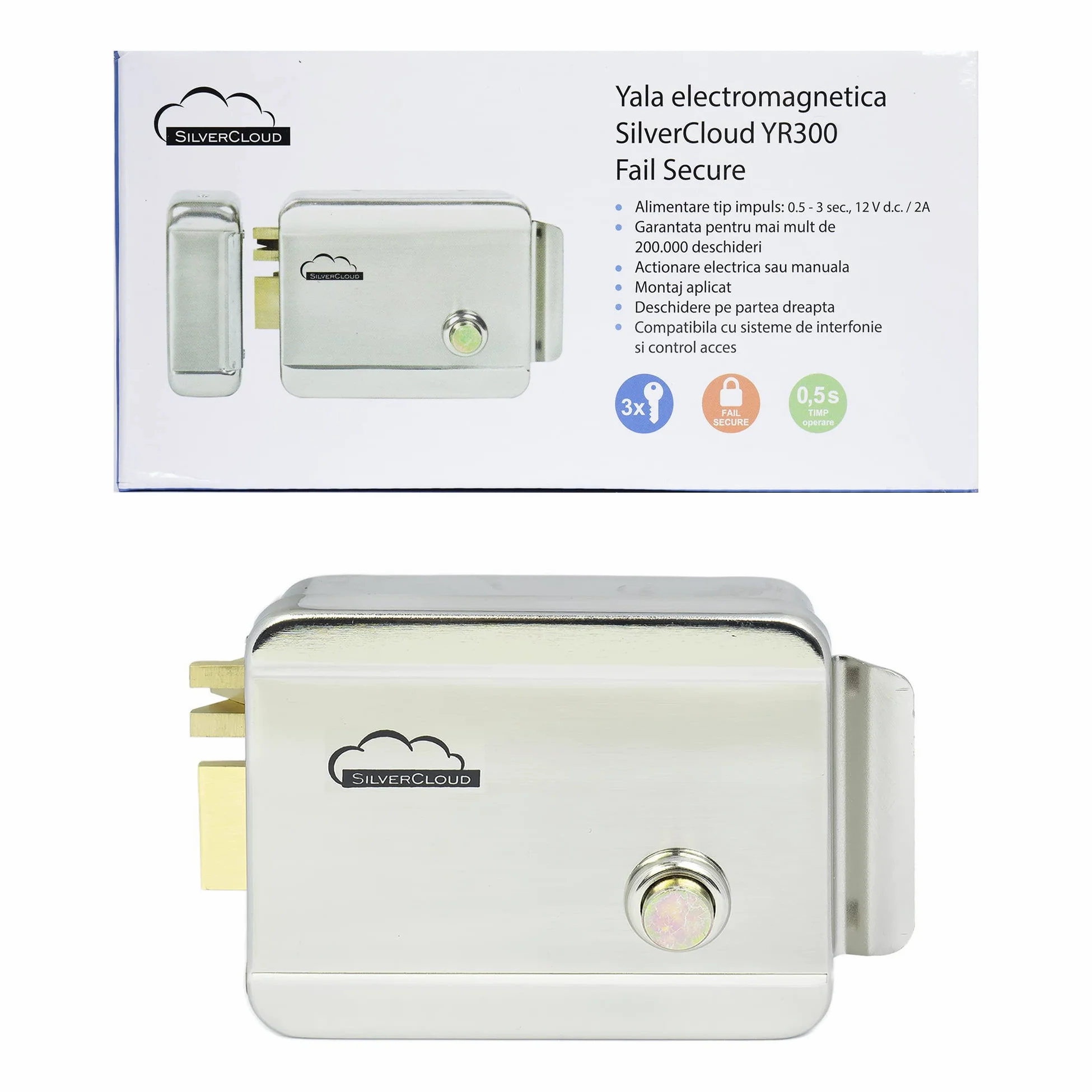Cerradura eléctrica con cilindro para puerta SilverCloud YR300 Diestro, 12V, Normal Close Fail-Secure, acero inoxidable, desbloquear el botón, para Sistema de Control Acceso Puerta Entrada