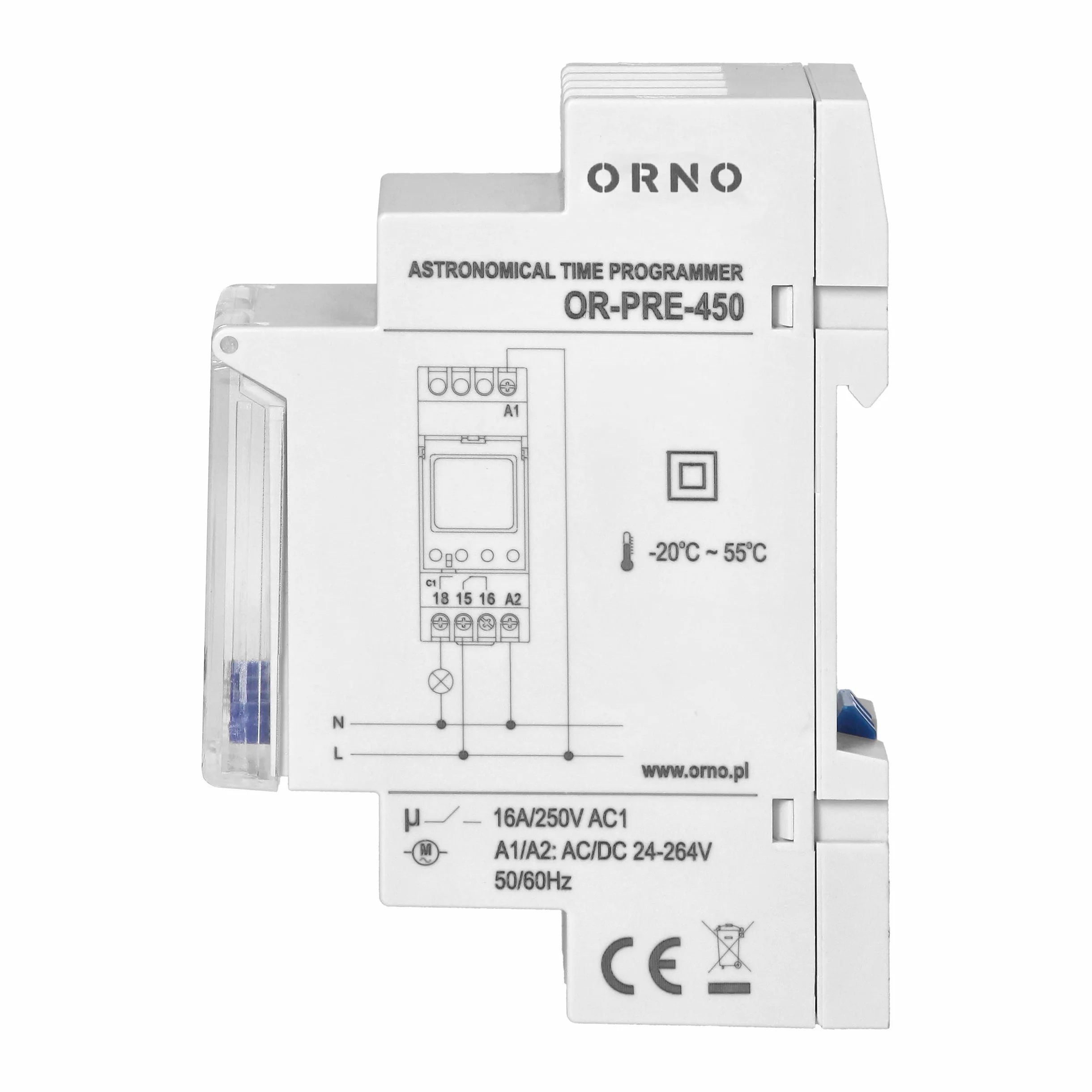 ORNO PRE-450 Interruptor Horario Astronómico 52 Programas 1 Salida de Relé máx.16A/230V 2 Módulos de Anchura DIN TH-35mm Blanco