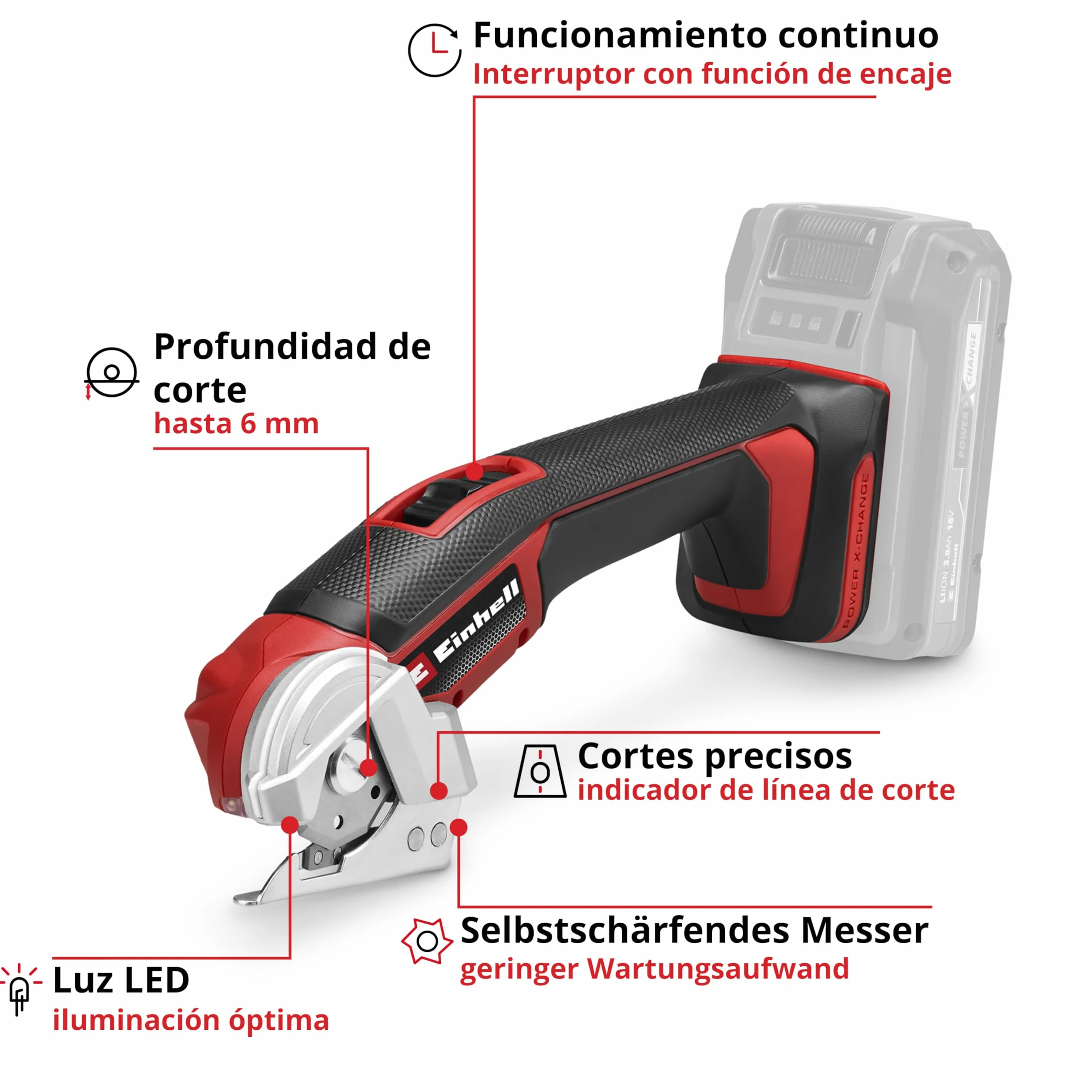 Einhell cortador universal con batería TE-UC 18/6 Li-Solo Power X-Change (18 V, tijeras universales para materiales hasta 6 mm, luz LED, indicador de línea de corte, sin batería)